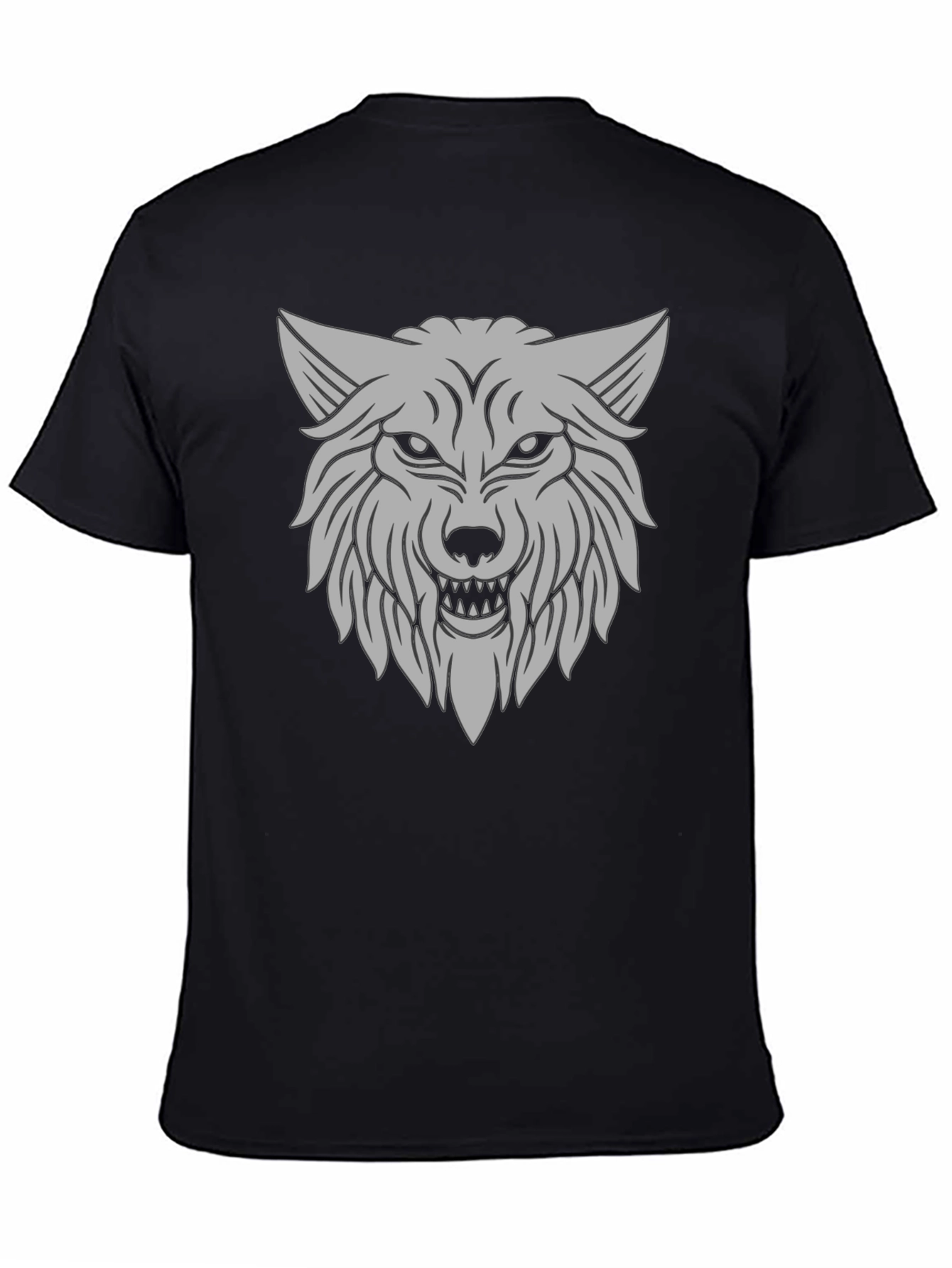 Mens Black T-Shirt with Gray Wolf Graphic