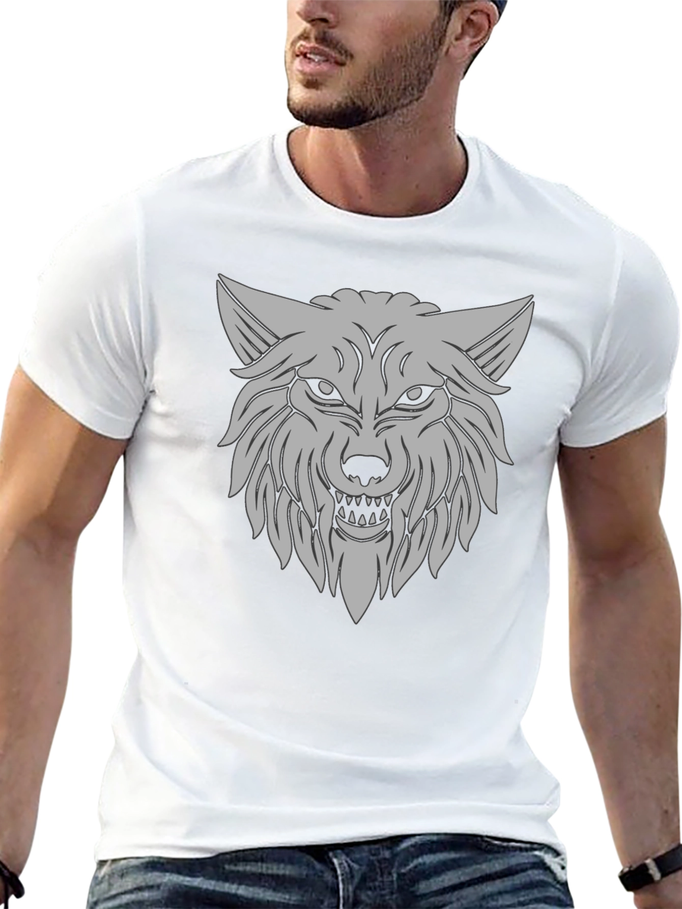 Mens Black T-Shirt with Gray Wolf Graphic