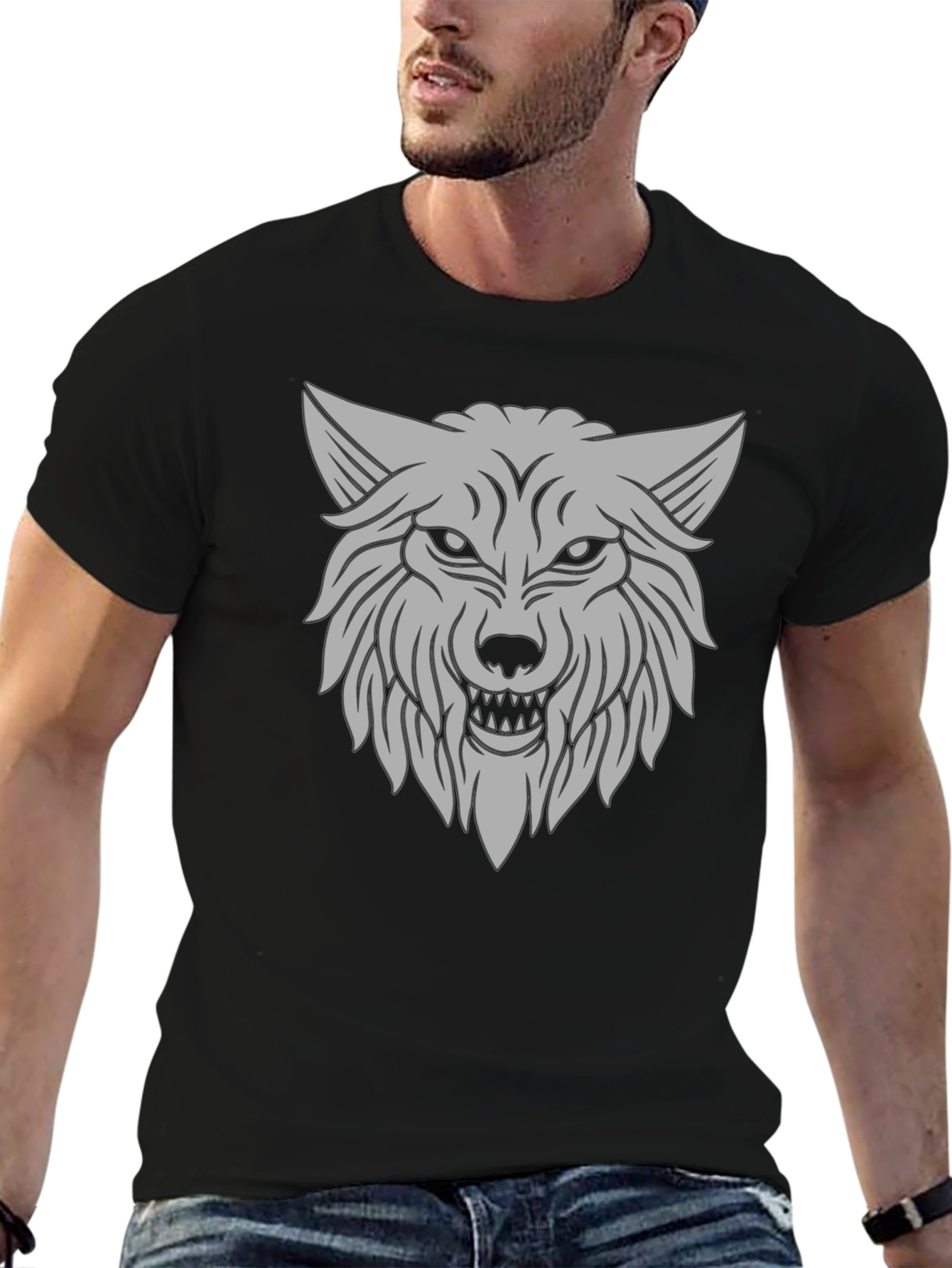 Mens Black T-Shirt with Gray Wolf Graphic