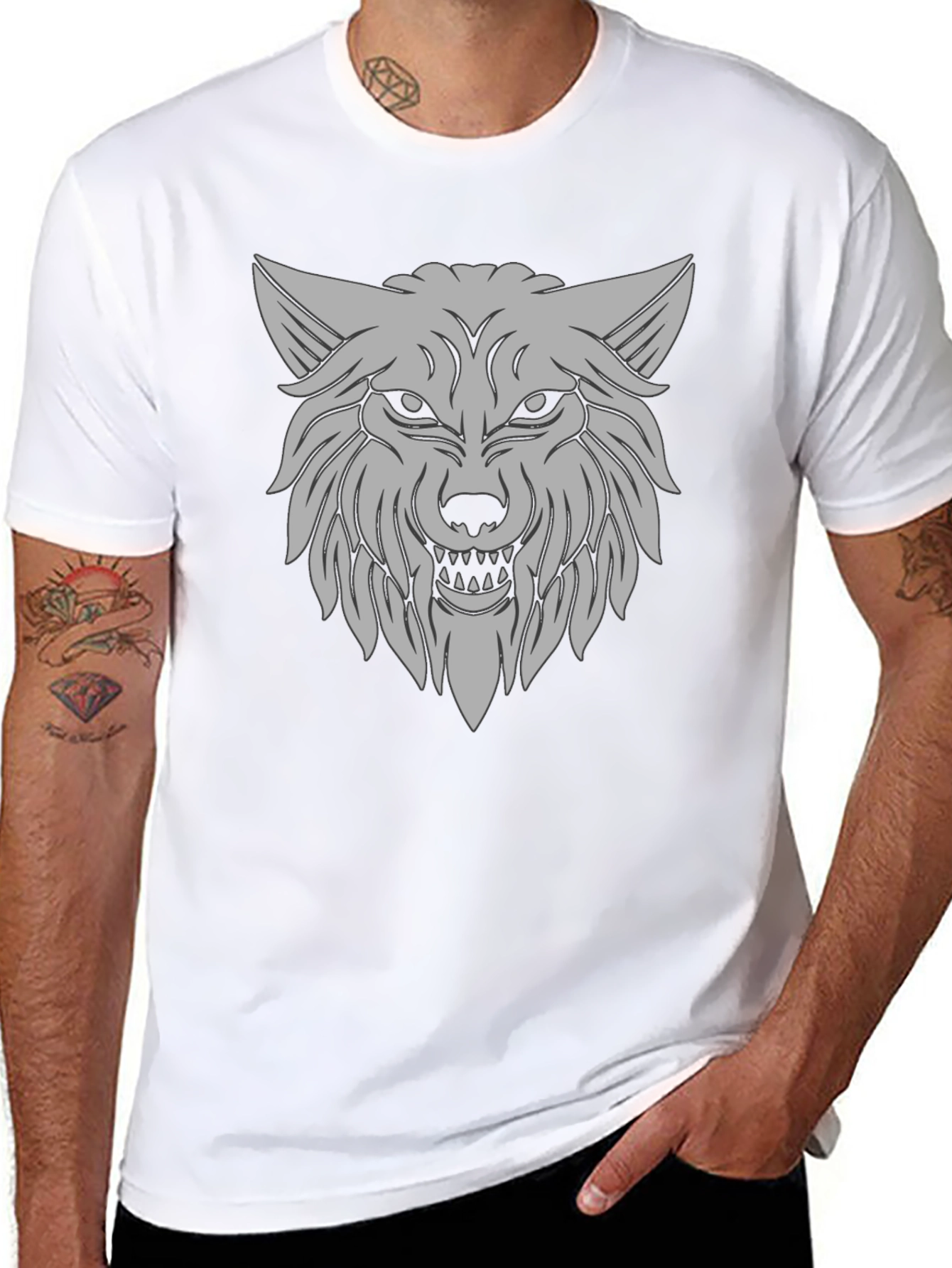 Mens Black T-Shirt with Gray Wolf Graphic