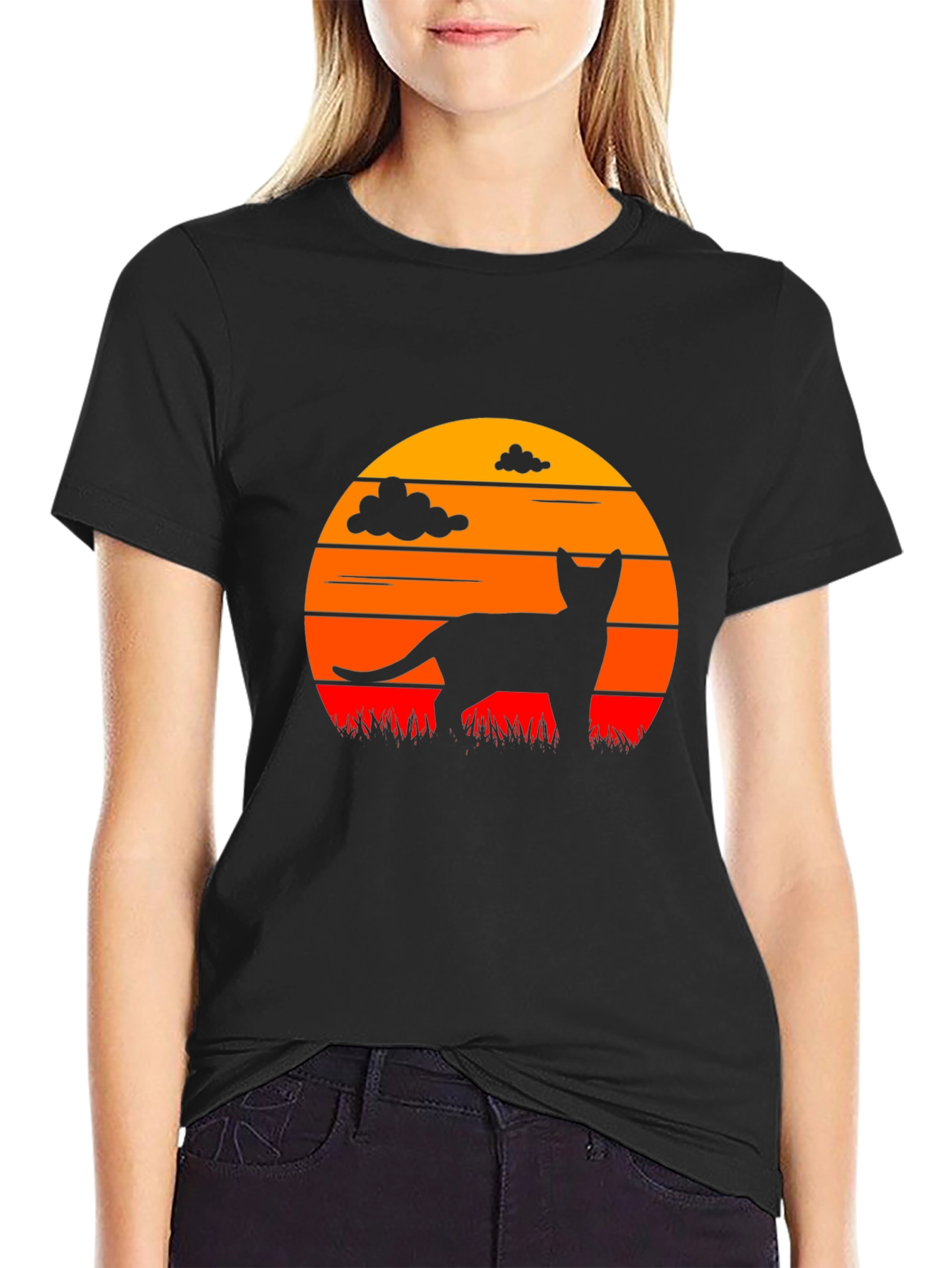 Cat Silhouette Sunset Graphic T-Shirt