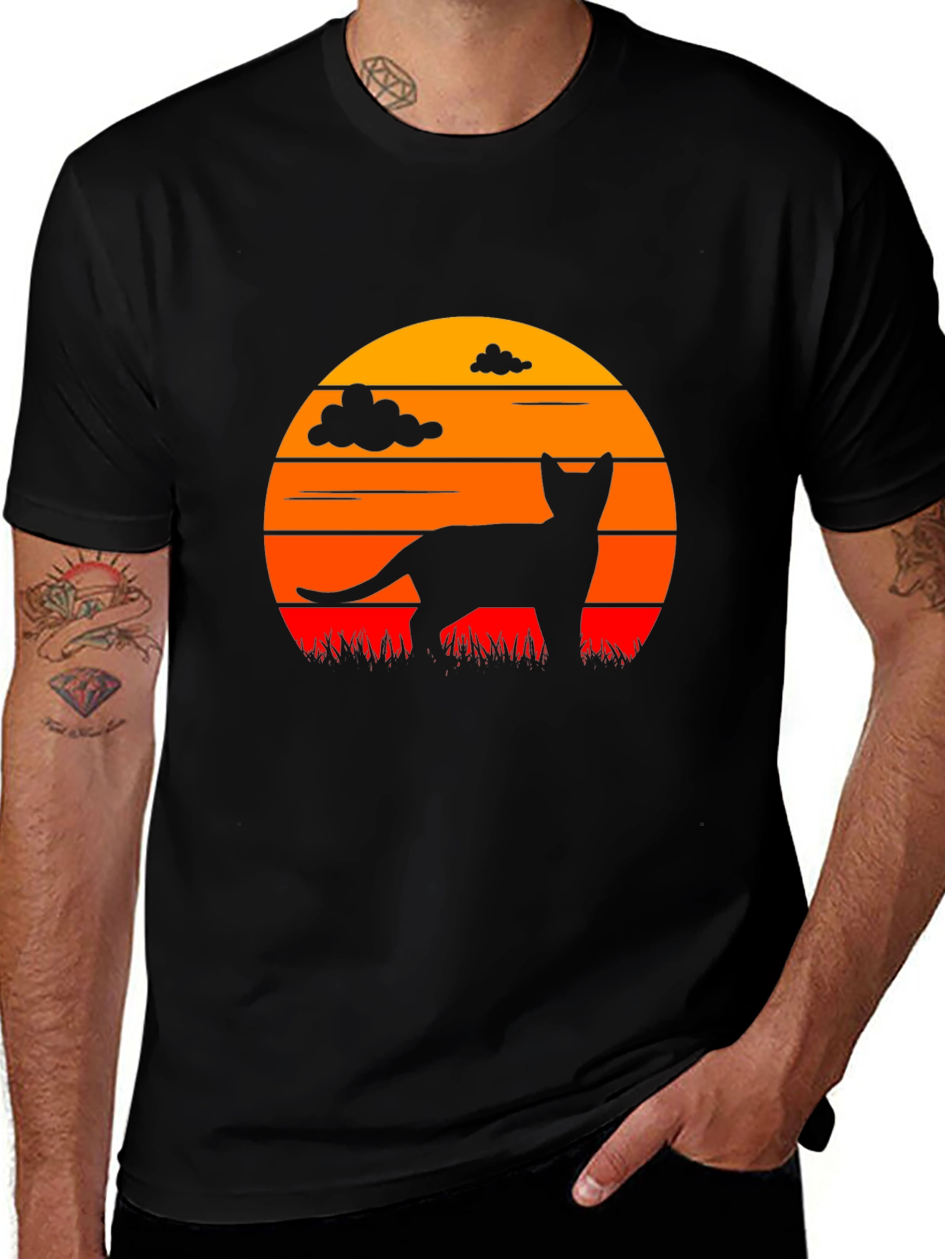 Cat Silhouette Sunset Graphic T-Shirt