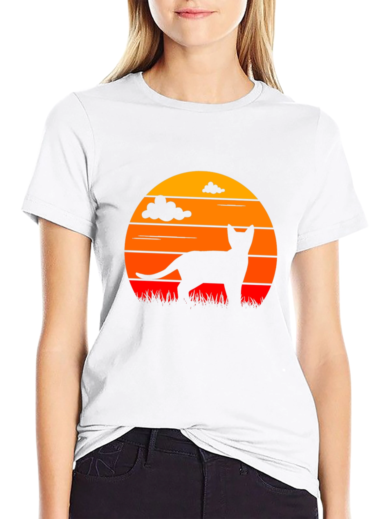 Cat Silhouette Sunset Graphic T-Shirt