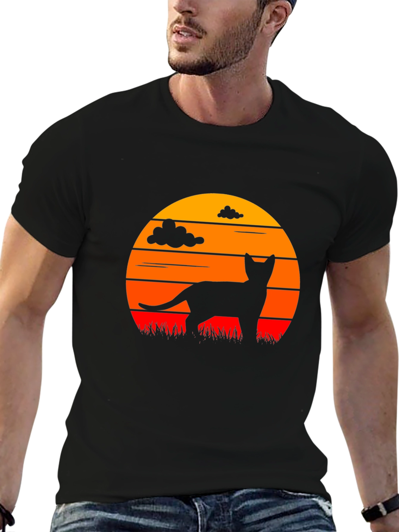 Cat Silhouette Sunset Graphic T-Shirt
