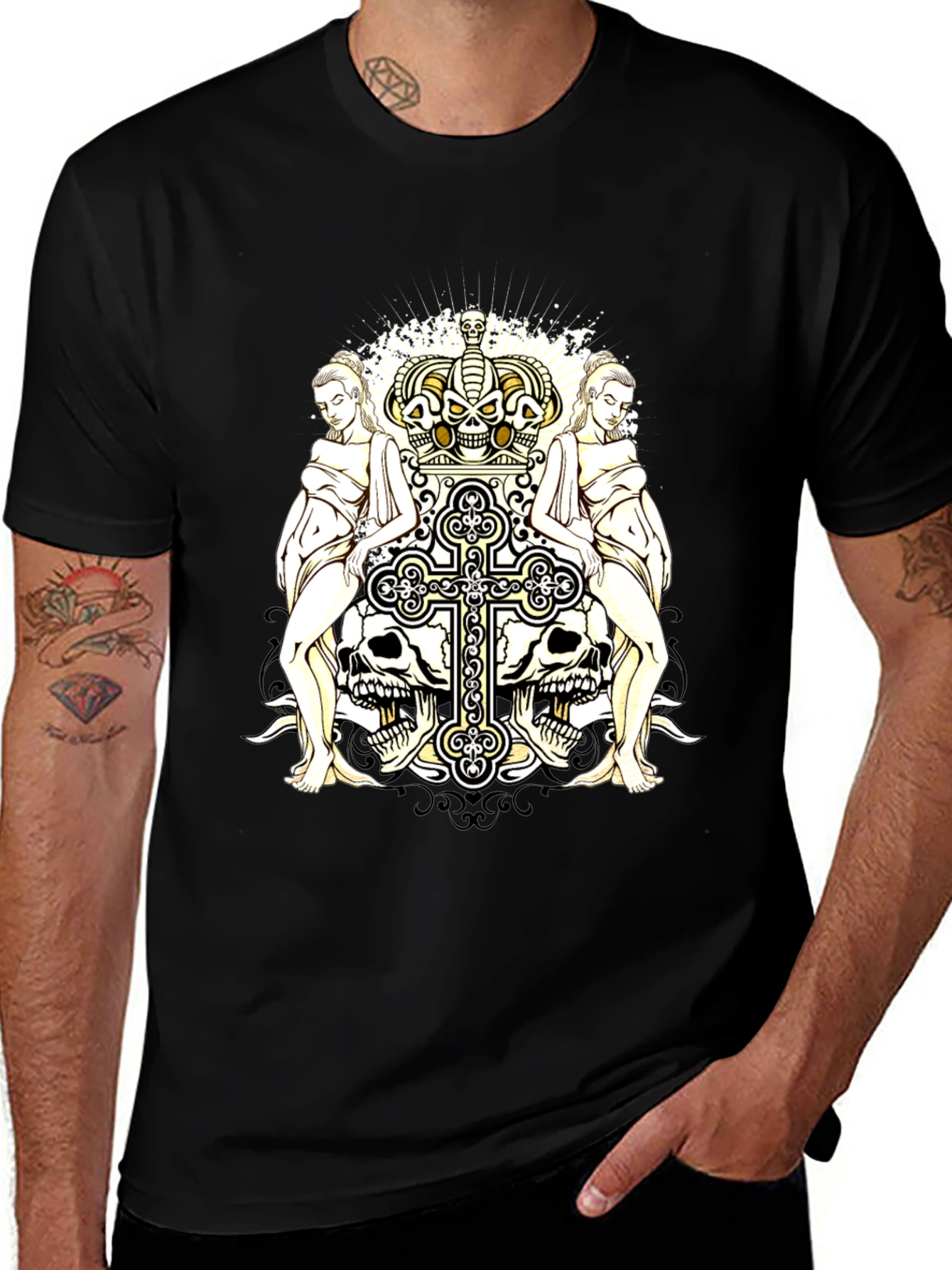 Gothic Crown & Cross Skull Graphic T-Shirt