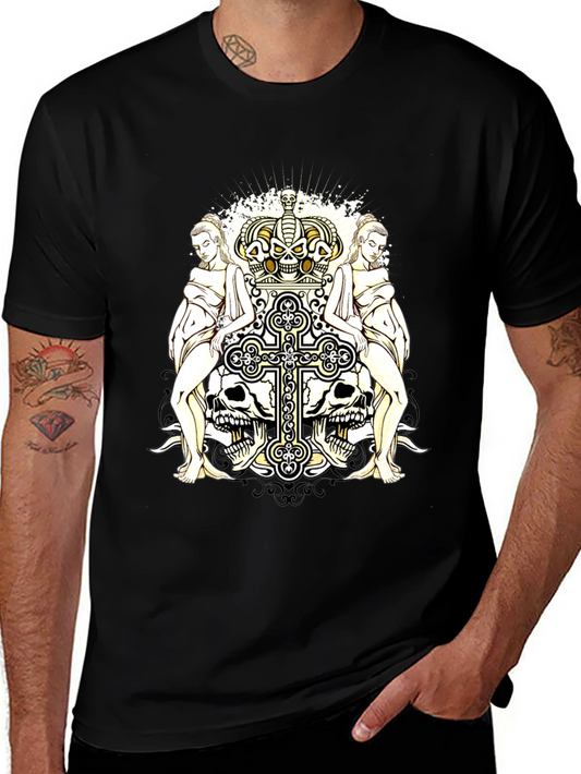 Gothic Crown & Cross Skull Graphic T-Shirt