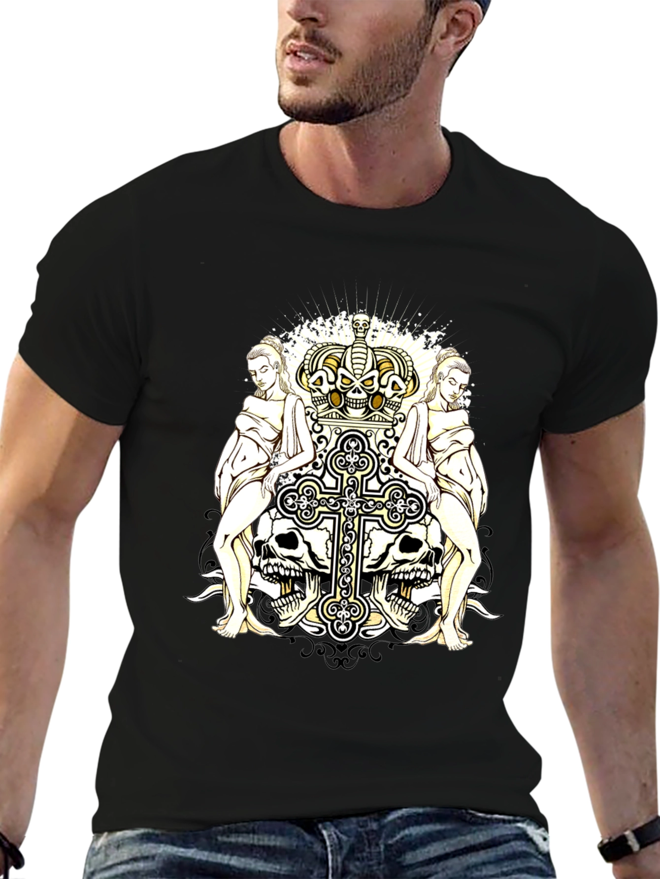 Gothic Crown & Cross Skull Graphic T-Shirt