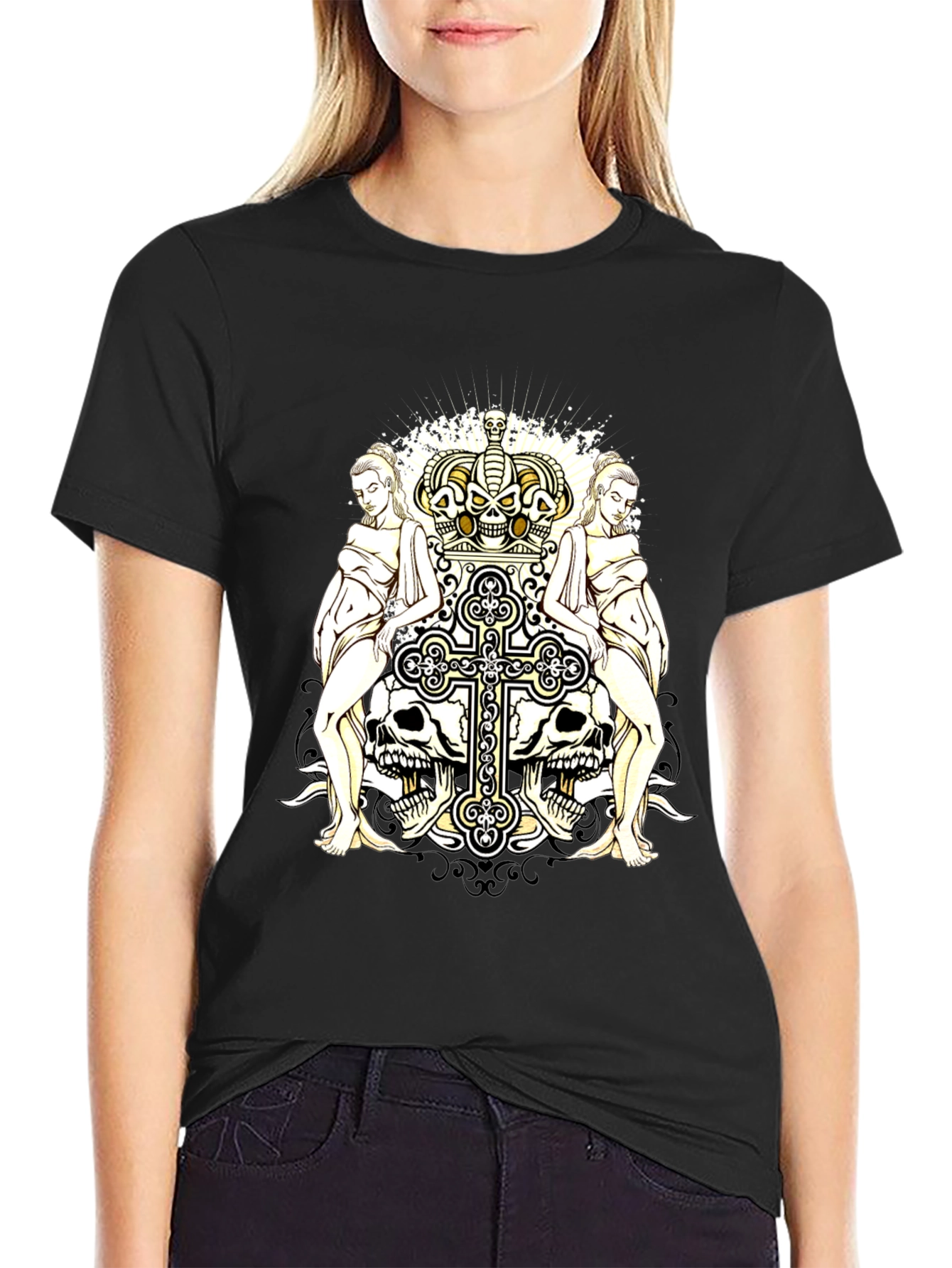 Gothic Crown & Cross Skull Graphic T-Shirt