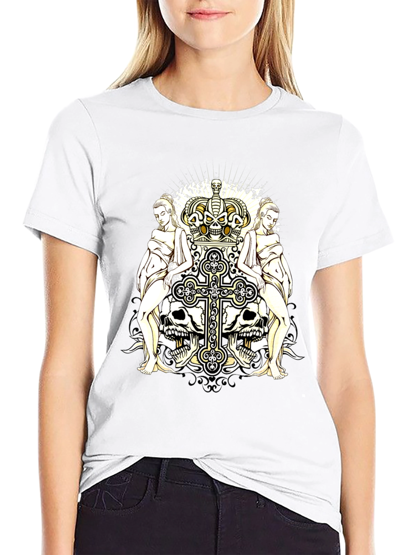 Gothic Crown & Cross Skull Graphic T-Shirt
