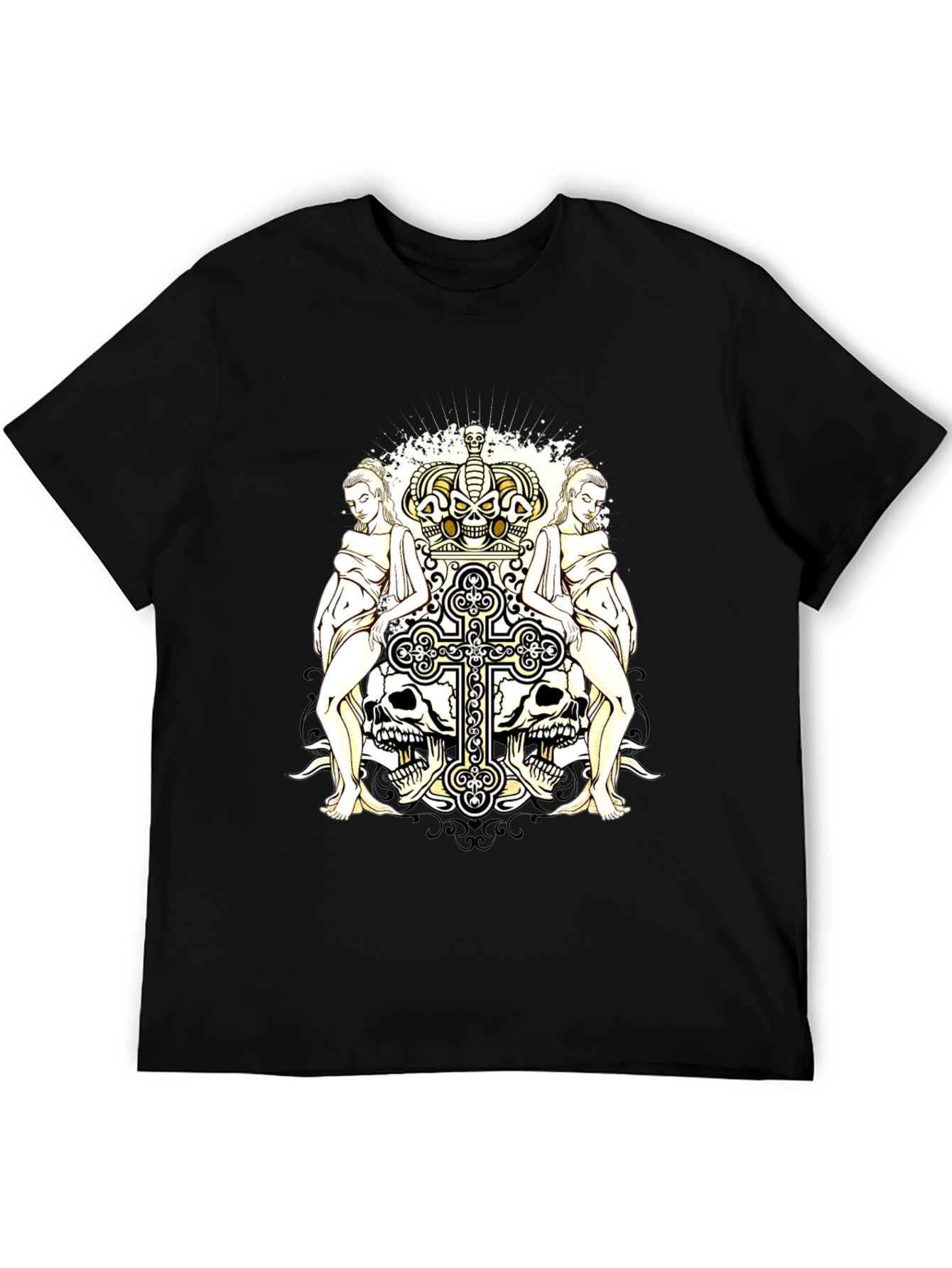 Gothic Crown & Cross Skull Graphic T-Shirt