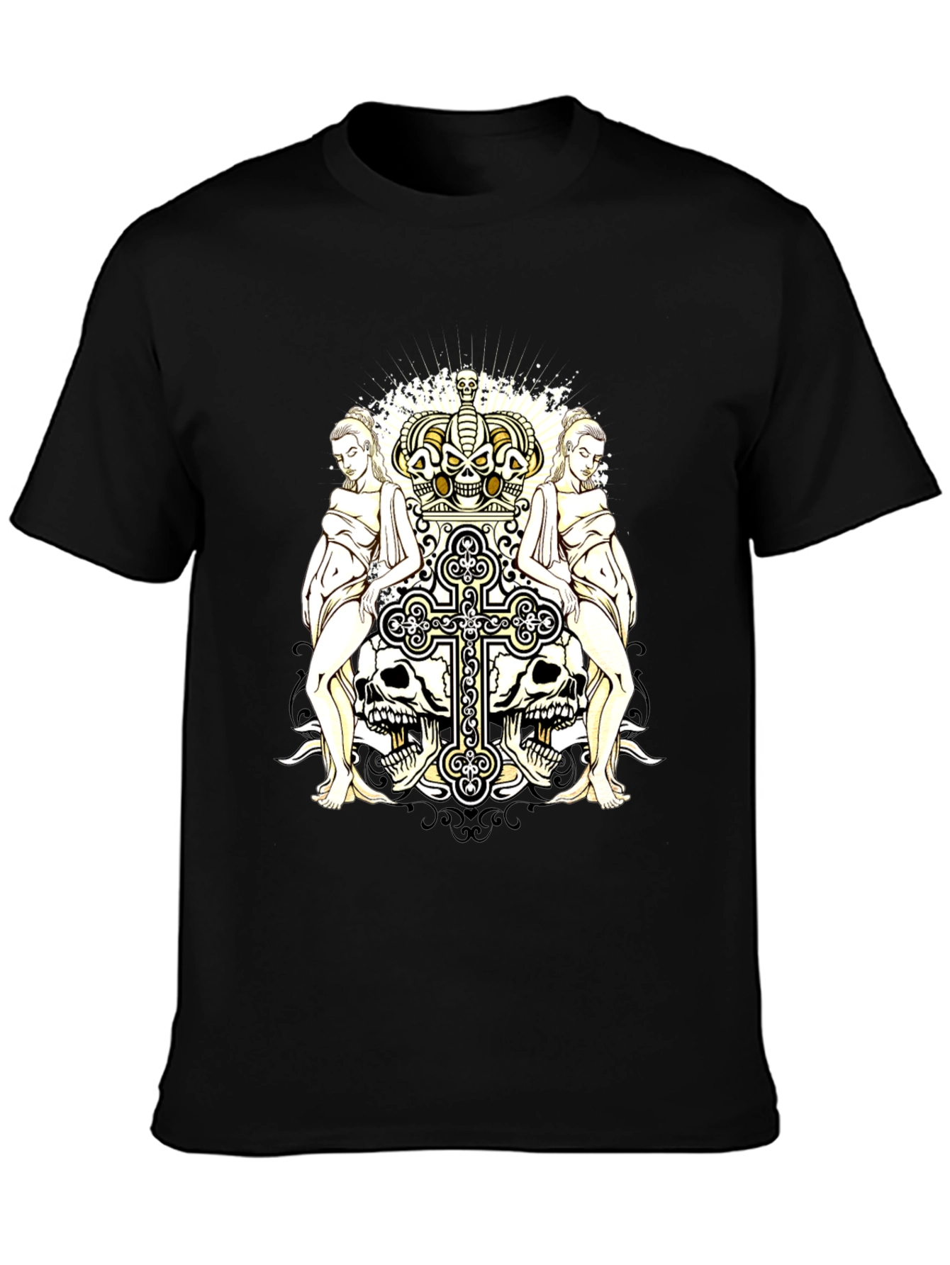 Gothic Crown & Cross Skull Graphic T-Shirt