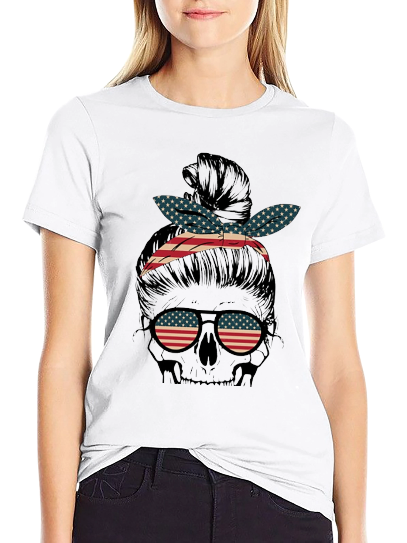 American Flag Skull Messy Bun Graphic Tee