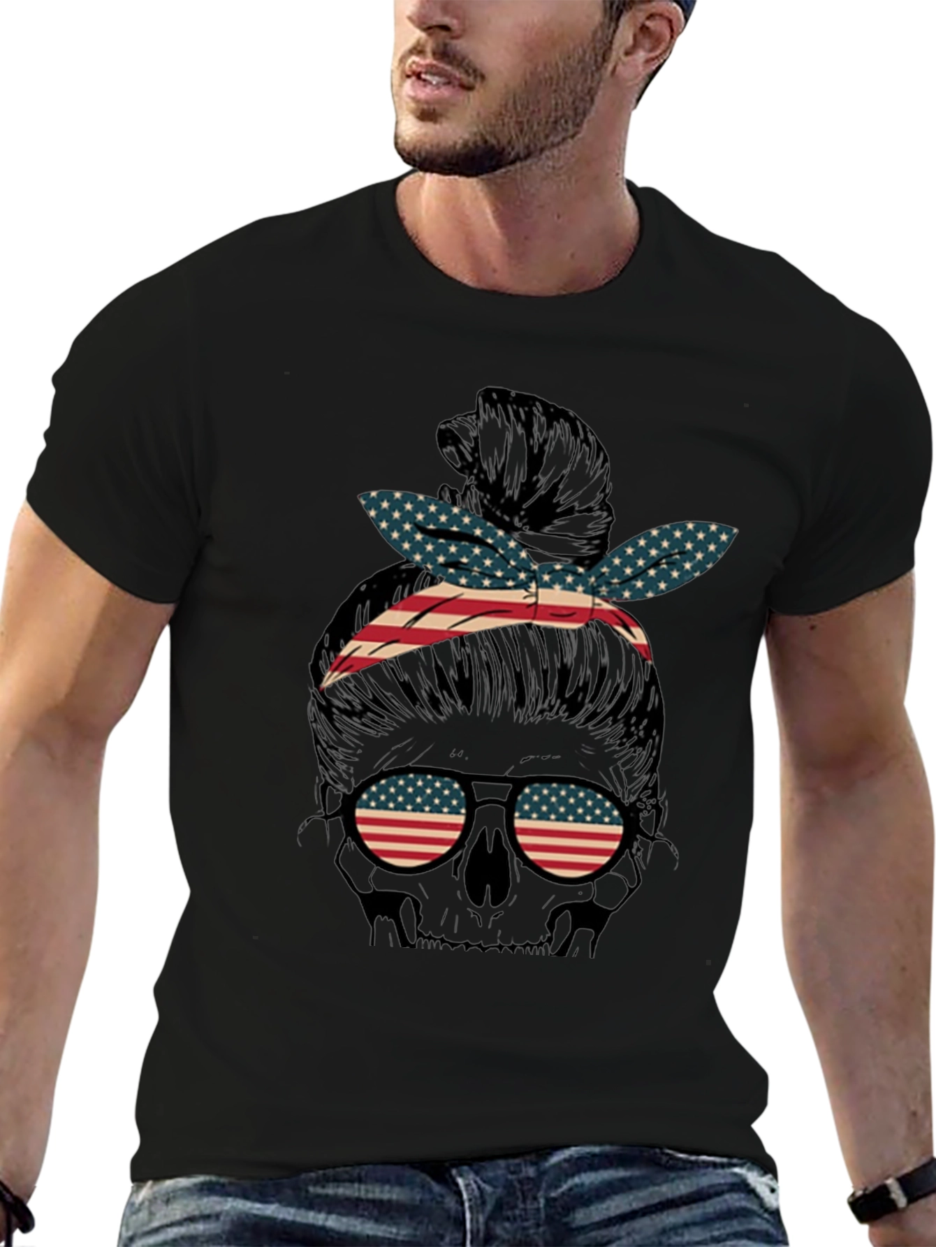 American Flag Skull Messy Bun Graphic Tee