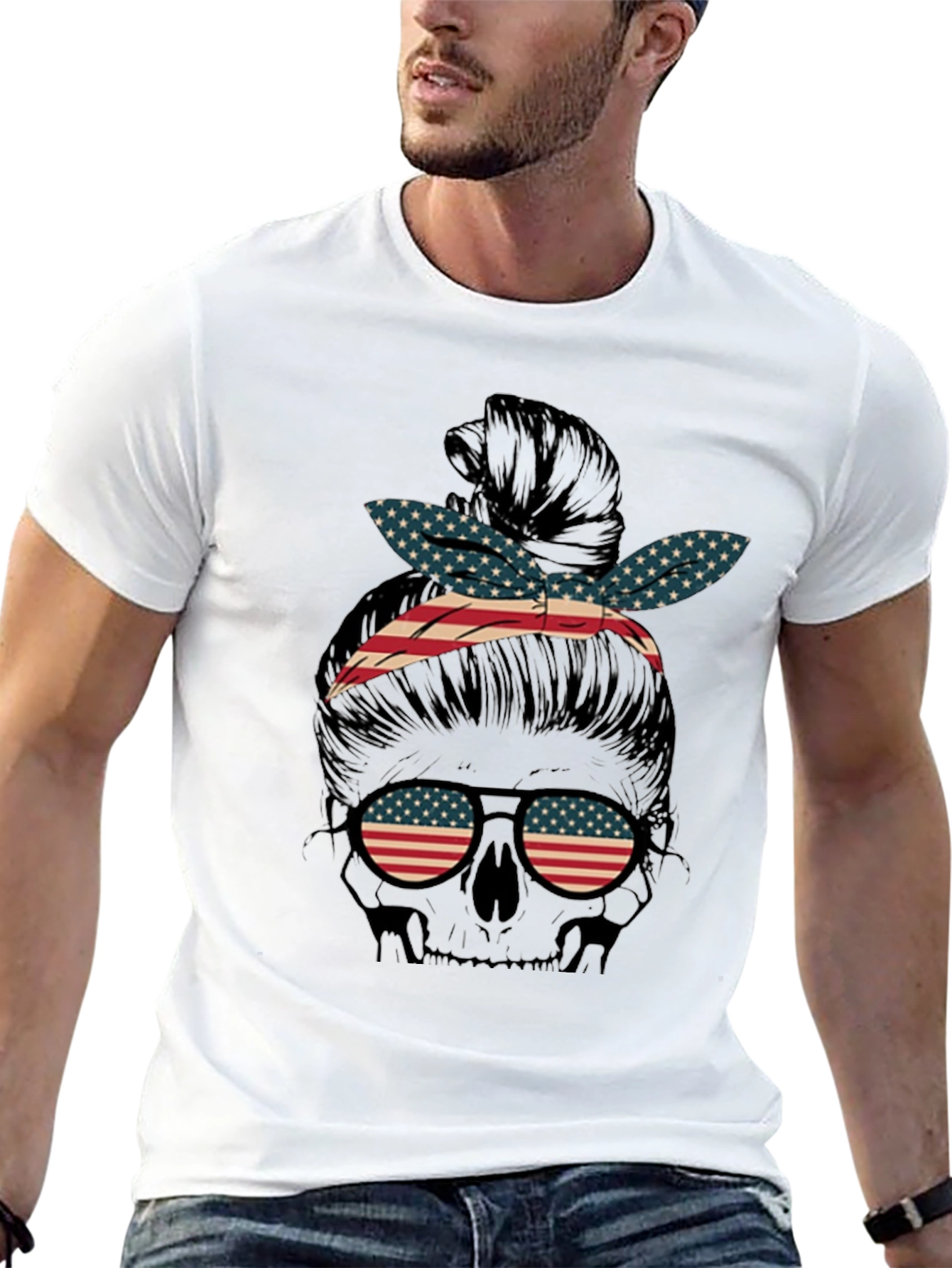 American Flag Skull Messy Bun Graphic Tee