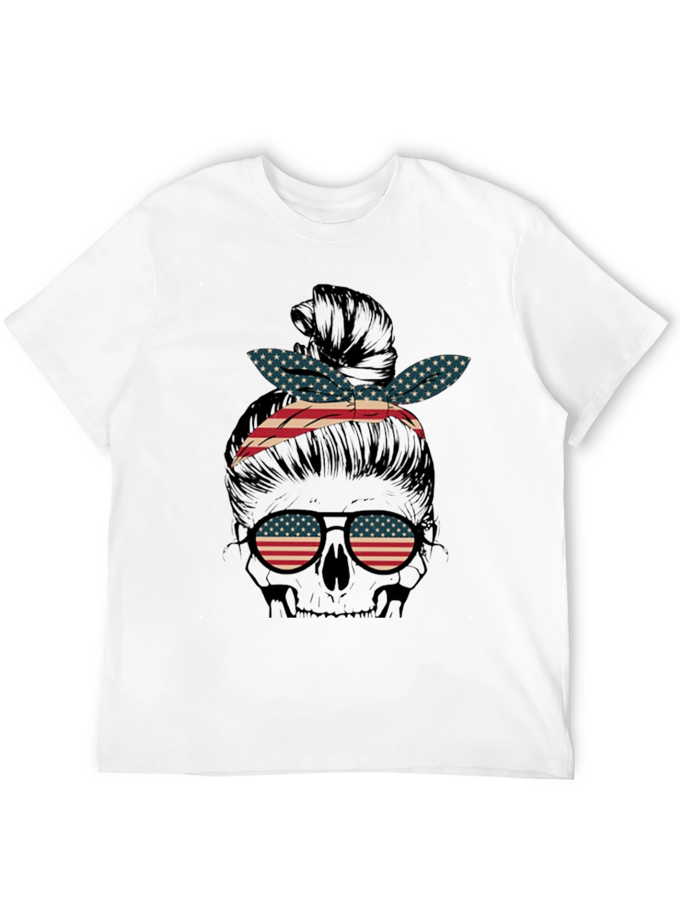 American Flag Skull Messy Bun Graphic Tee