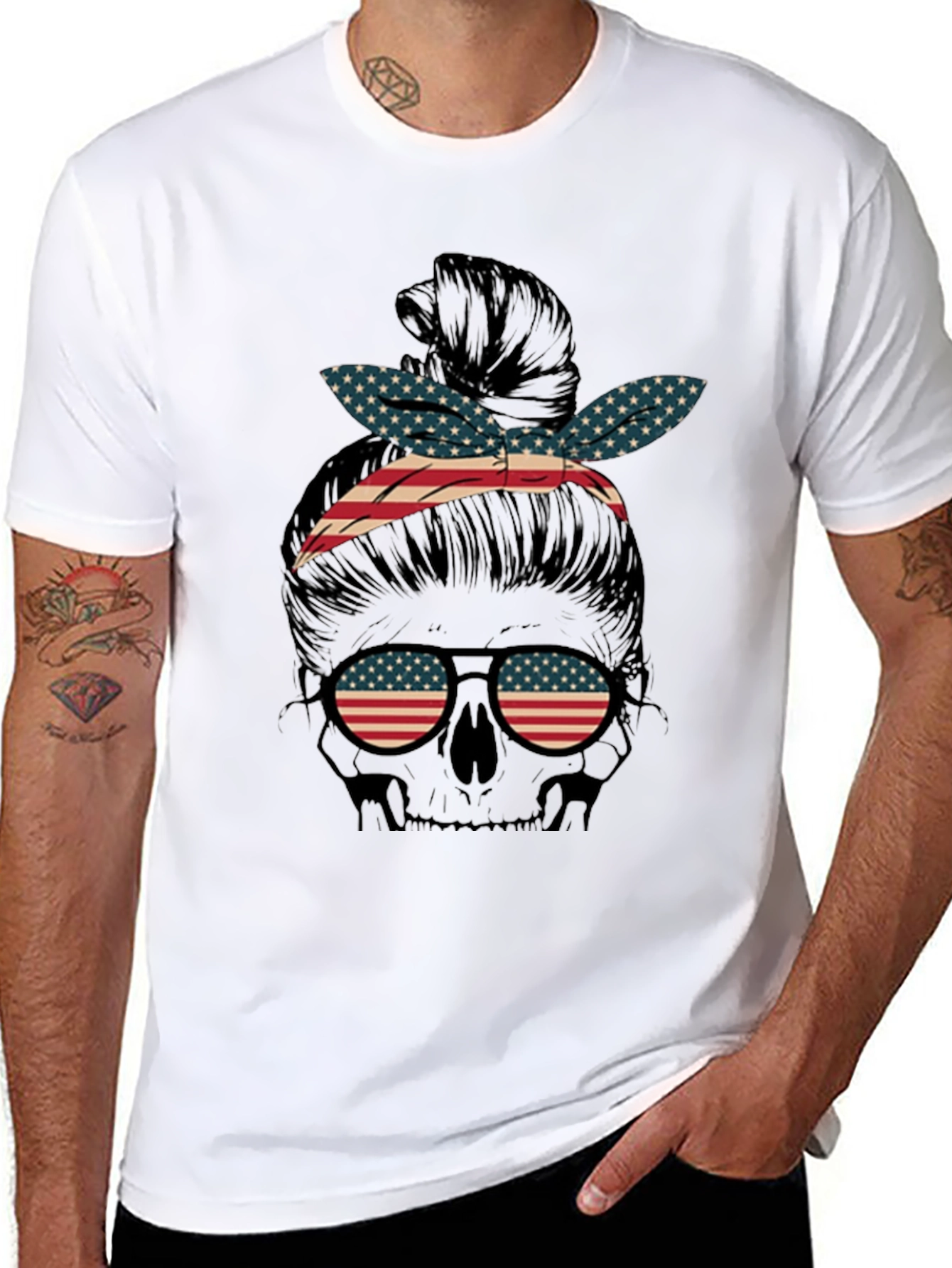 American Flag Skull Messy Bun Graphic Tee
