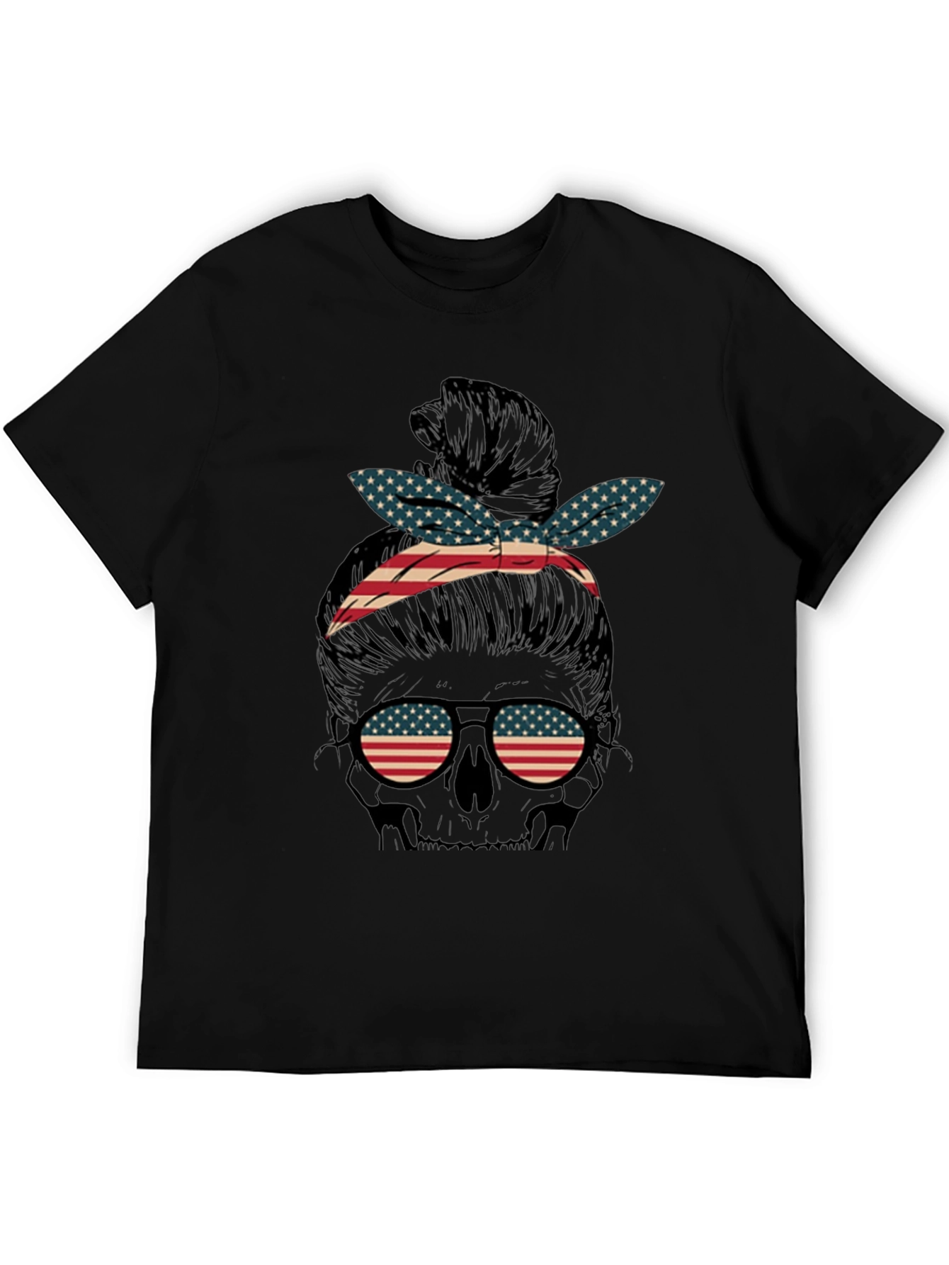 American Flag Skull Messy Bun Graphic Tee