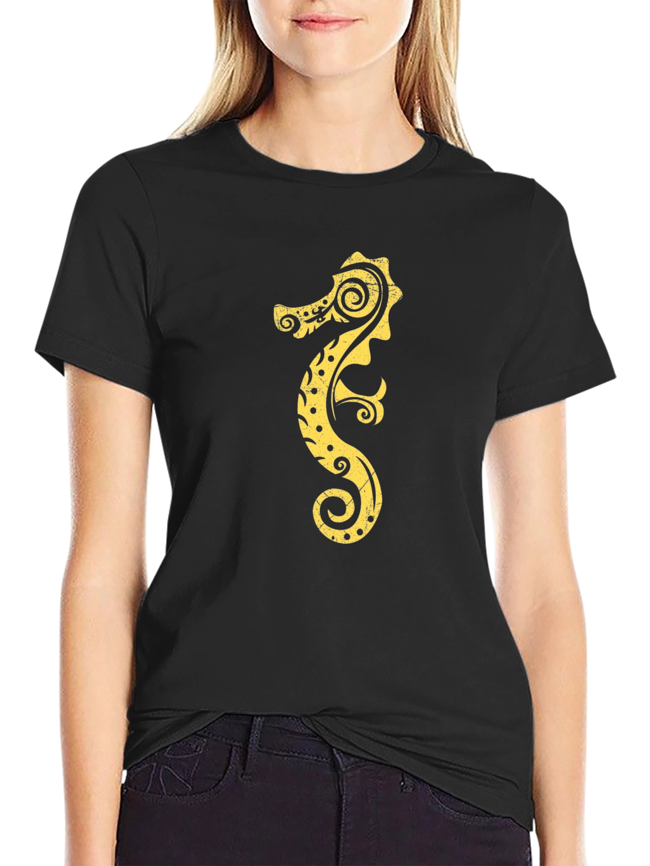 Sea Horse Graphic Tee - Black Cotton T-Shirt