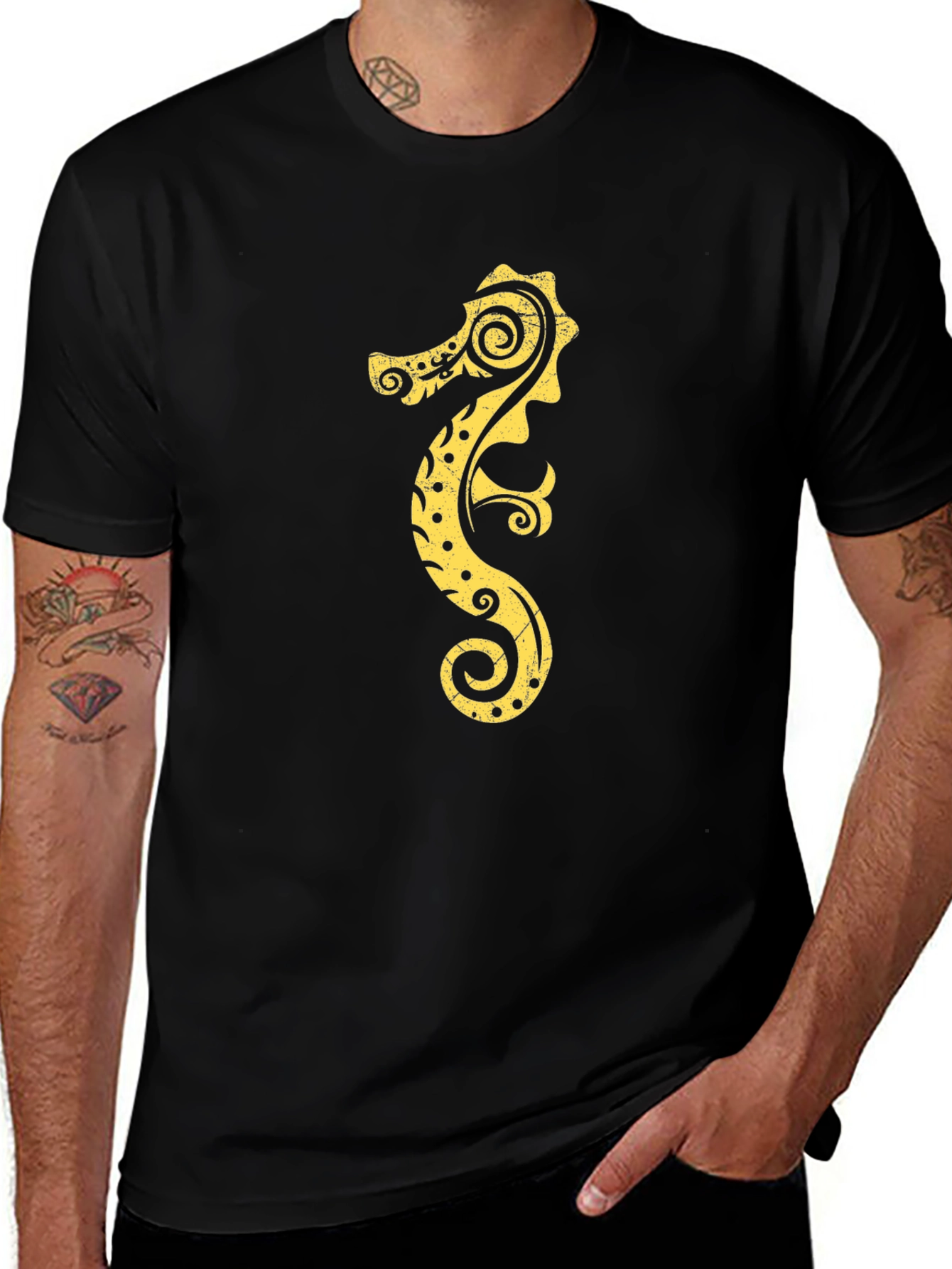 Sea Horse Graphic Tee - Black Cotton T-Shirt