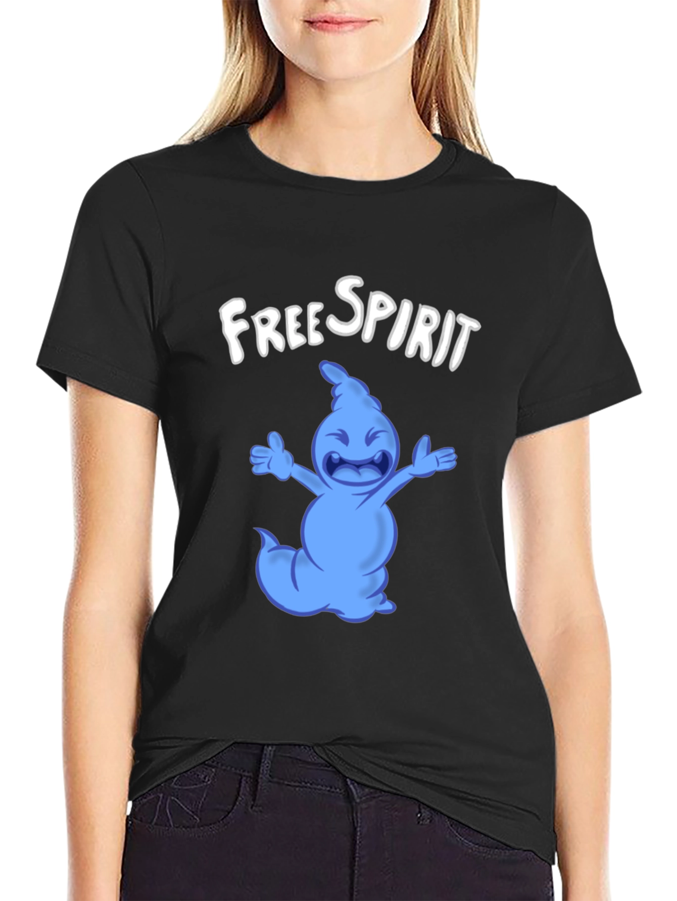 Free Spirit Cartoon Character Black T-Shirt