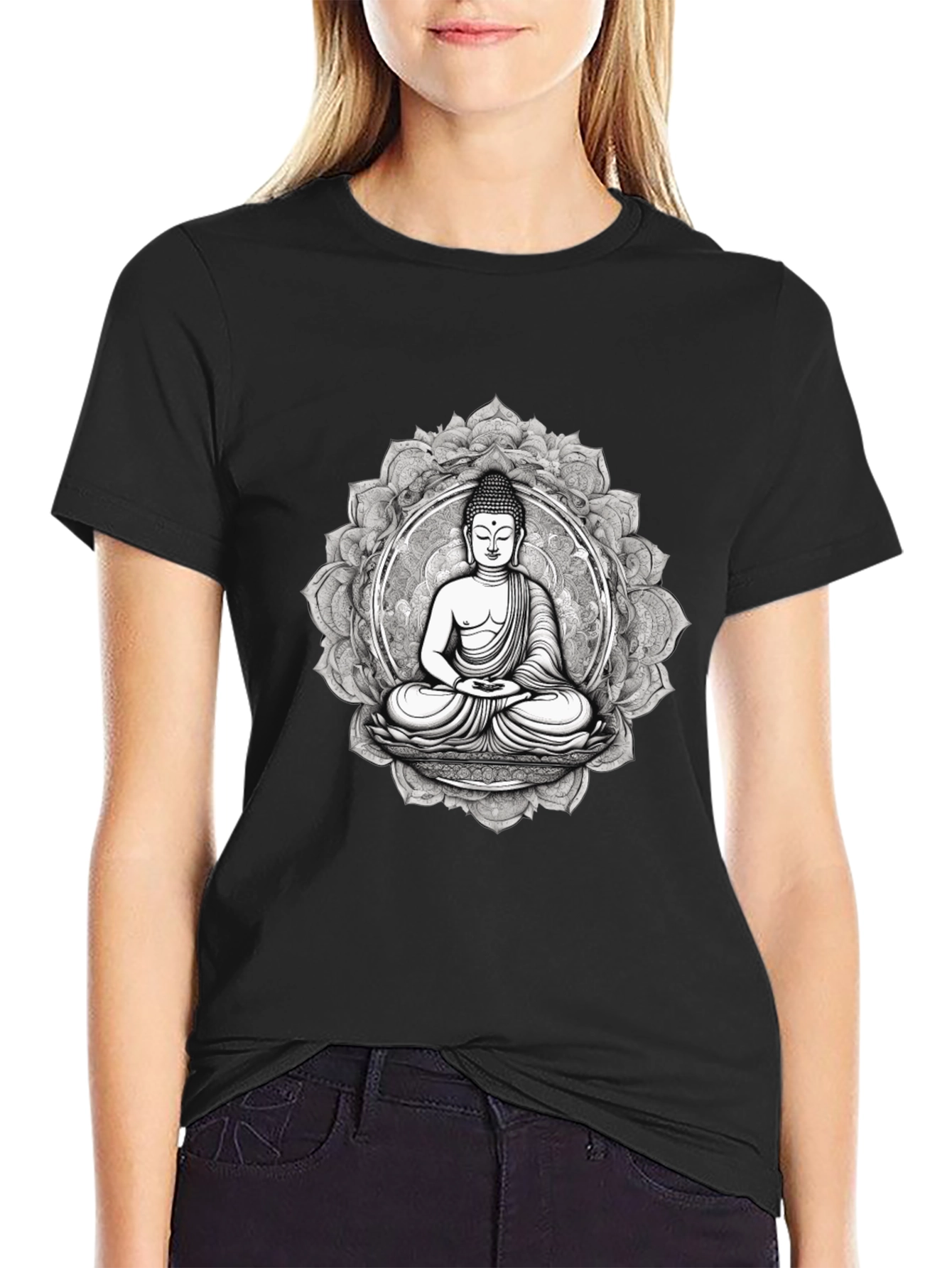 Buddha Mandala Graphic Tee - Black Cotton Blend