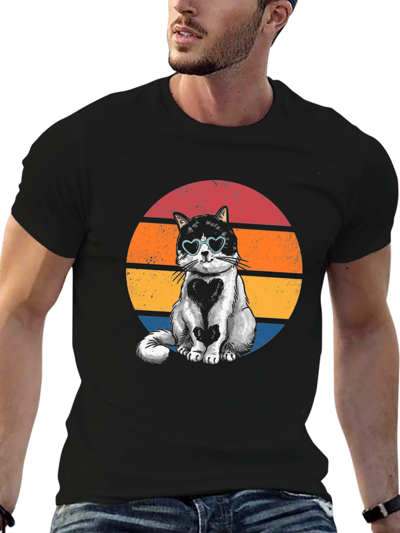 Retro Heart Cat T-Shirt - Cute Pet Lover Tee