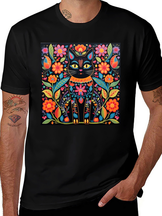 Floral Cat Graphic Print Black T-Shirt