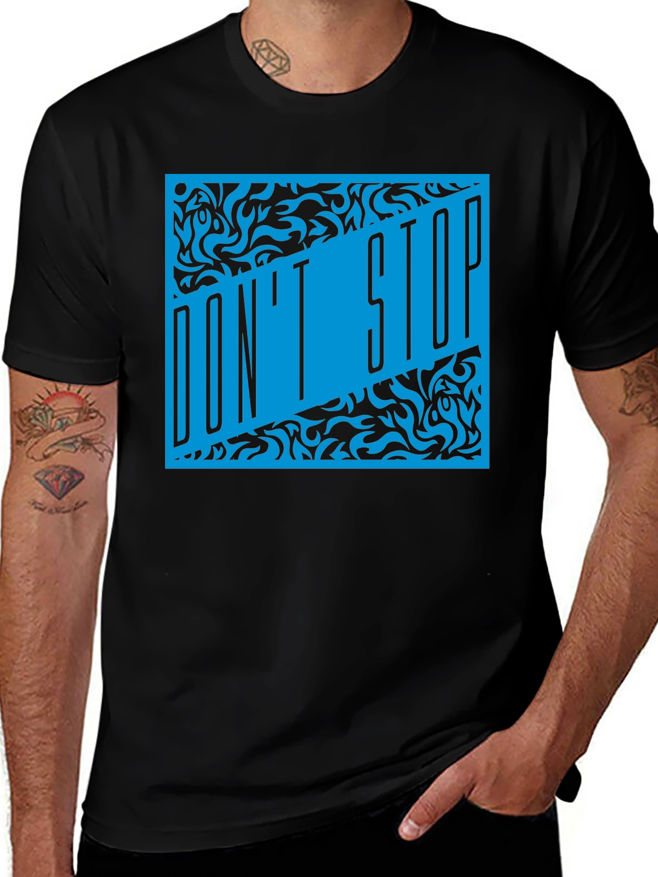 Dont Stop Black T-Shirt with Blue Graphic Design
