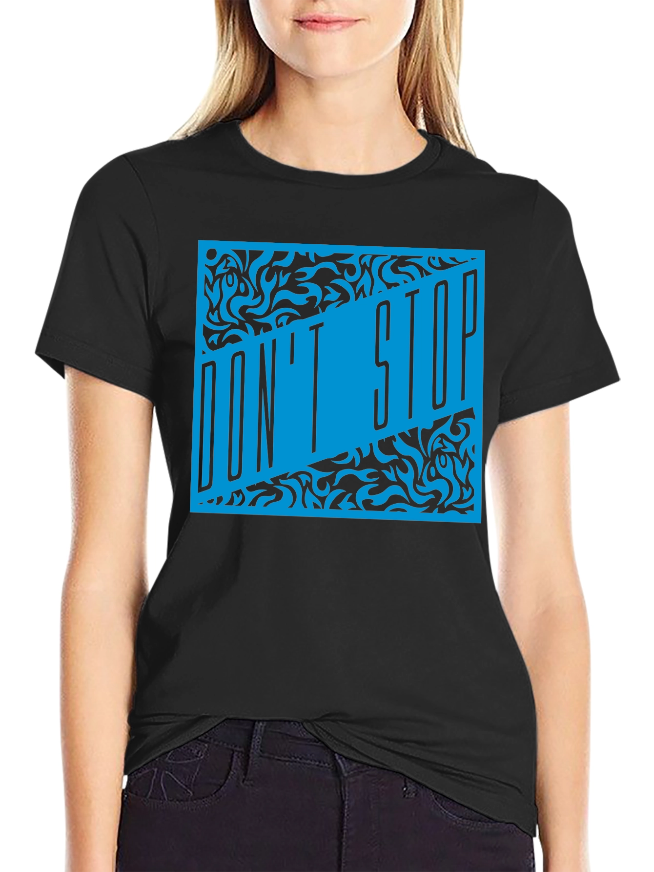 Dont Stop Black T-Shirt with Blue Graphic Design