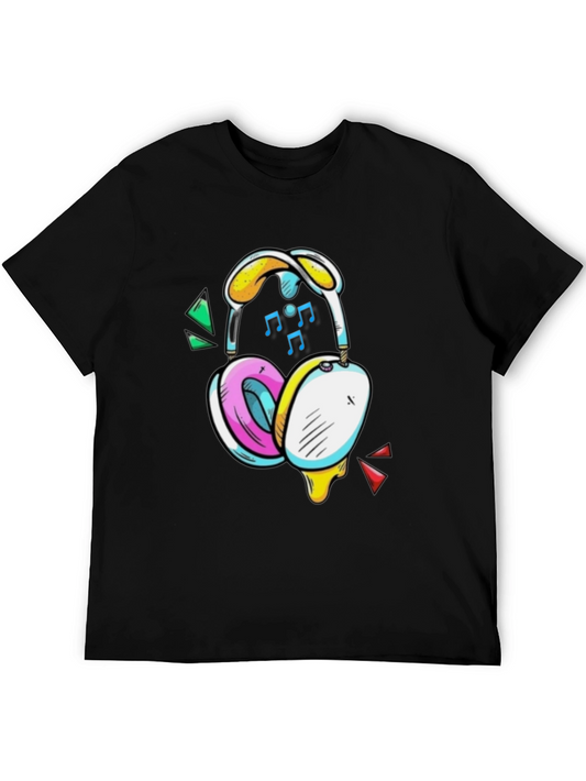 Funky Headphones Graphic Tee - Black Cotton T-Shirt