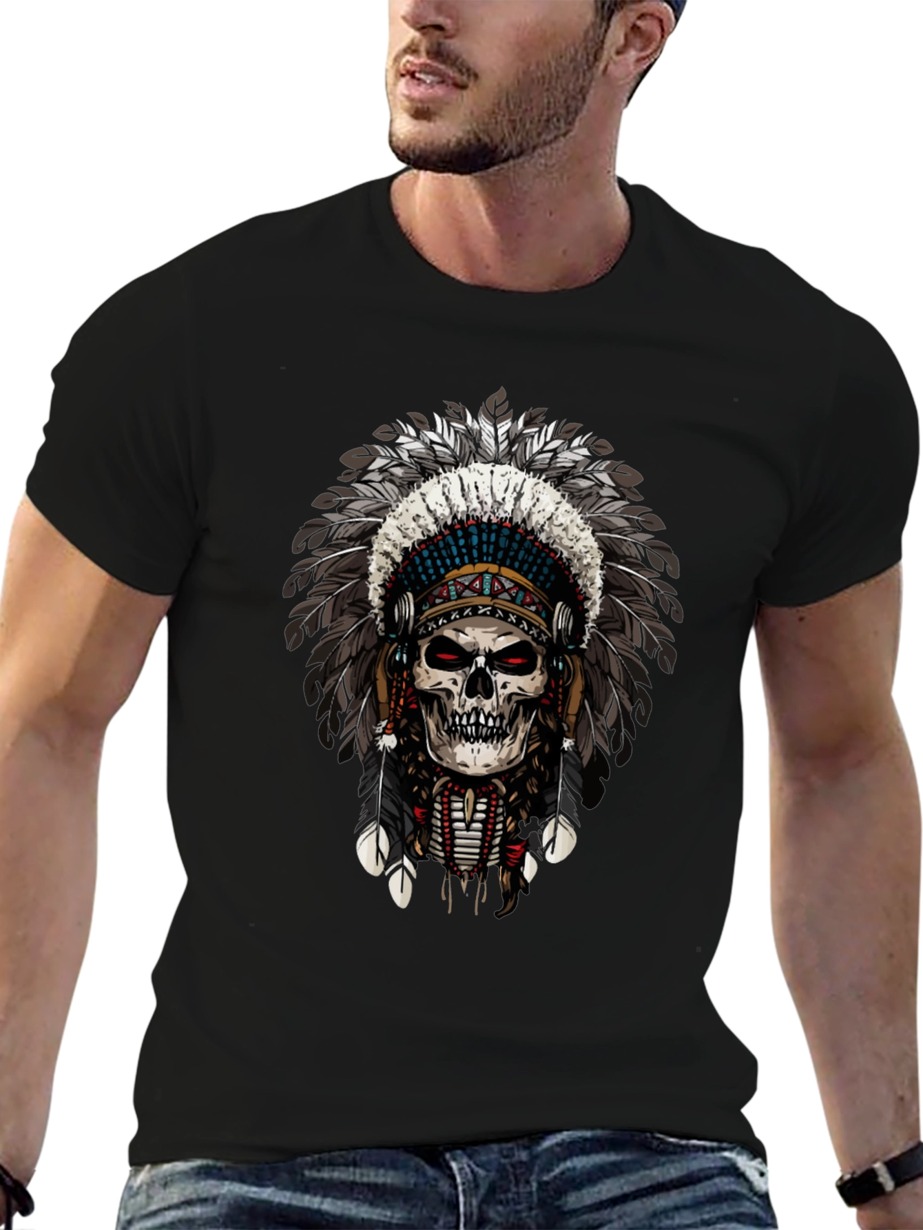 Skull Chief Feather Headdress Graphic T-Shirt