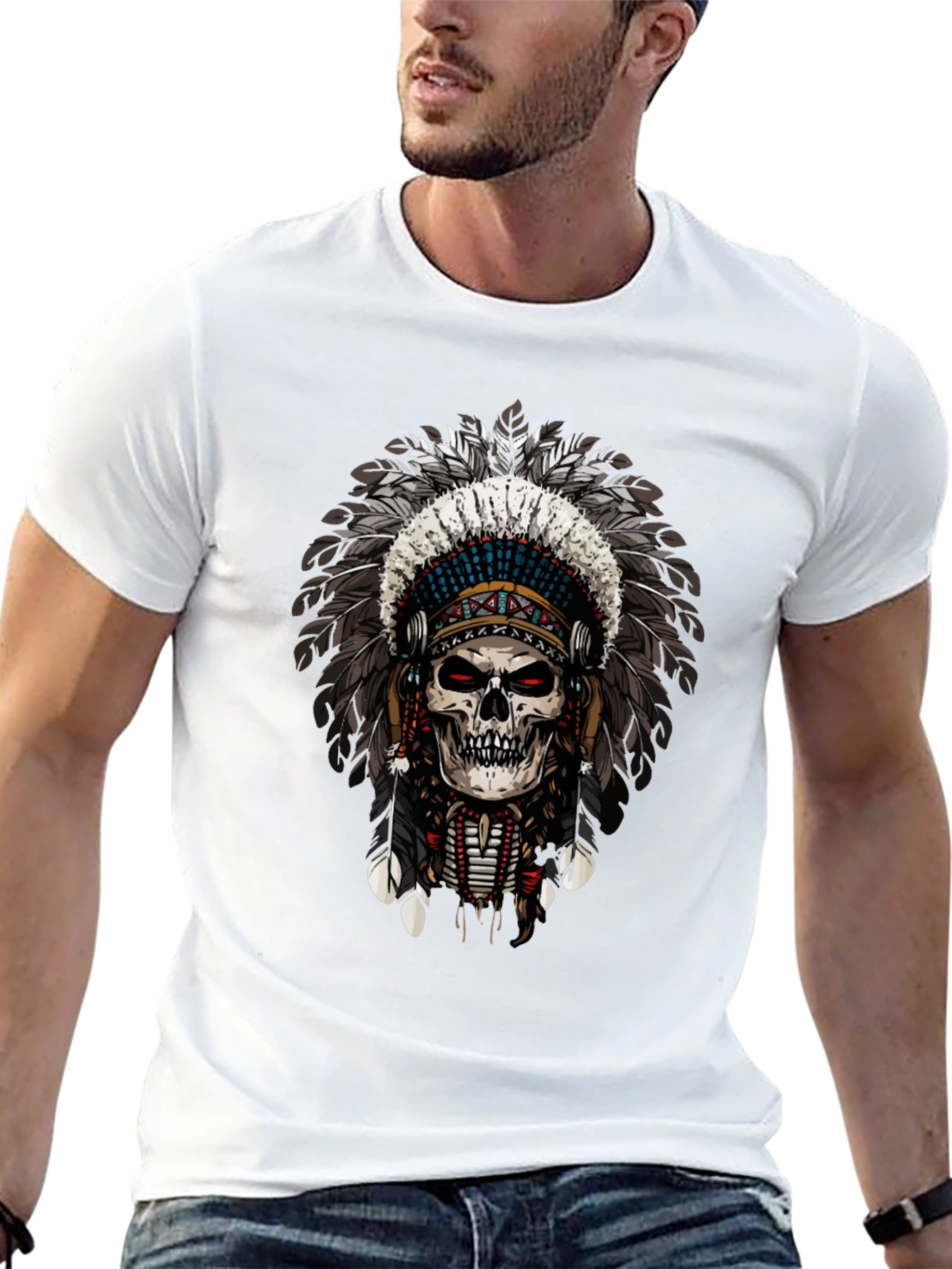 Skull Chief Feather Headdress Graphic T-Shirt