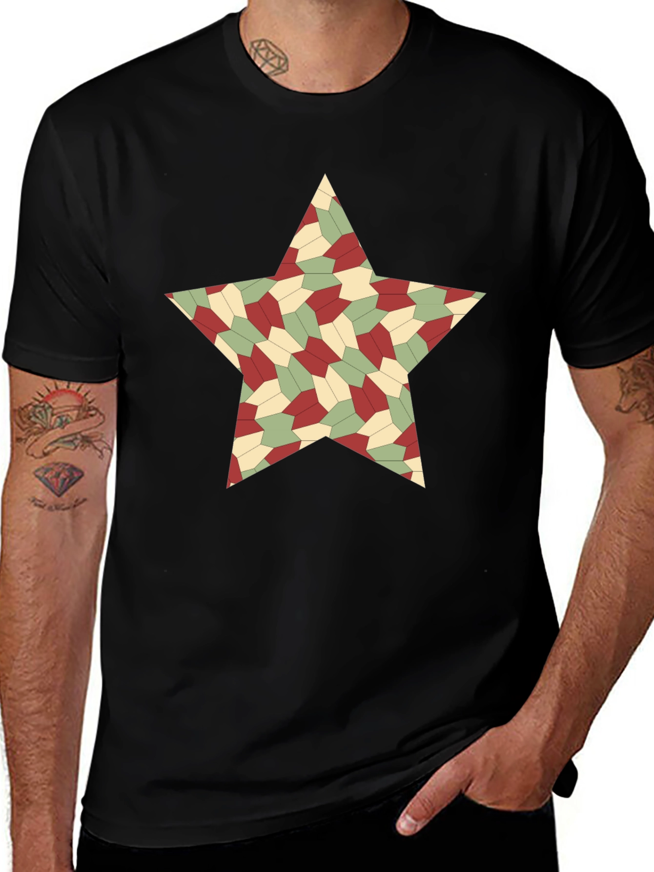 Geometric Star Pattern Black T-Shirt