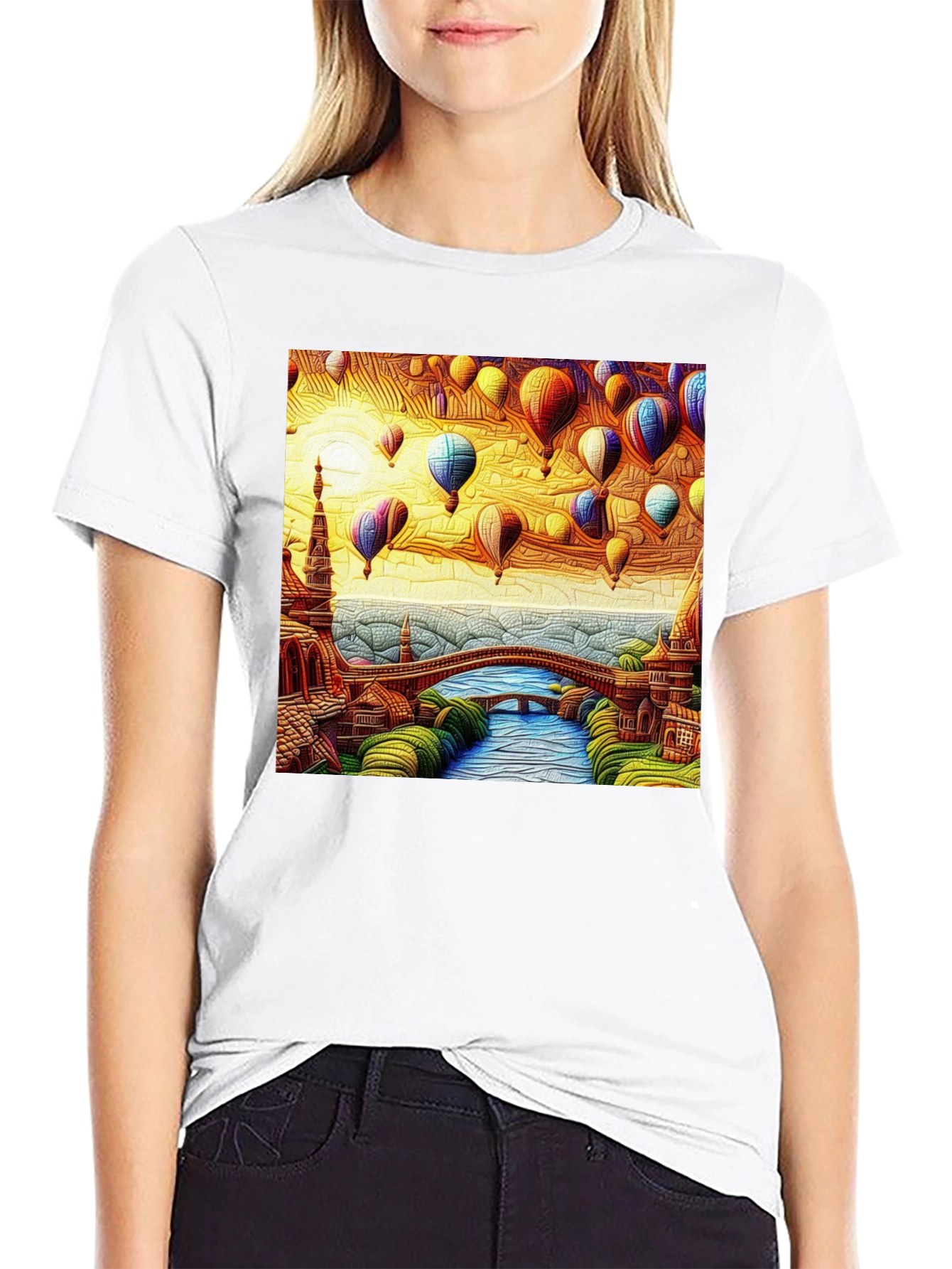 Artistic Hot Air Balloon Landscape Black Tee