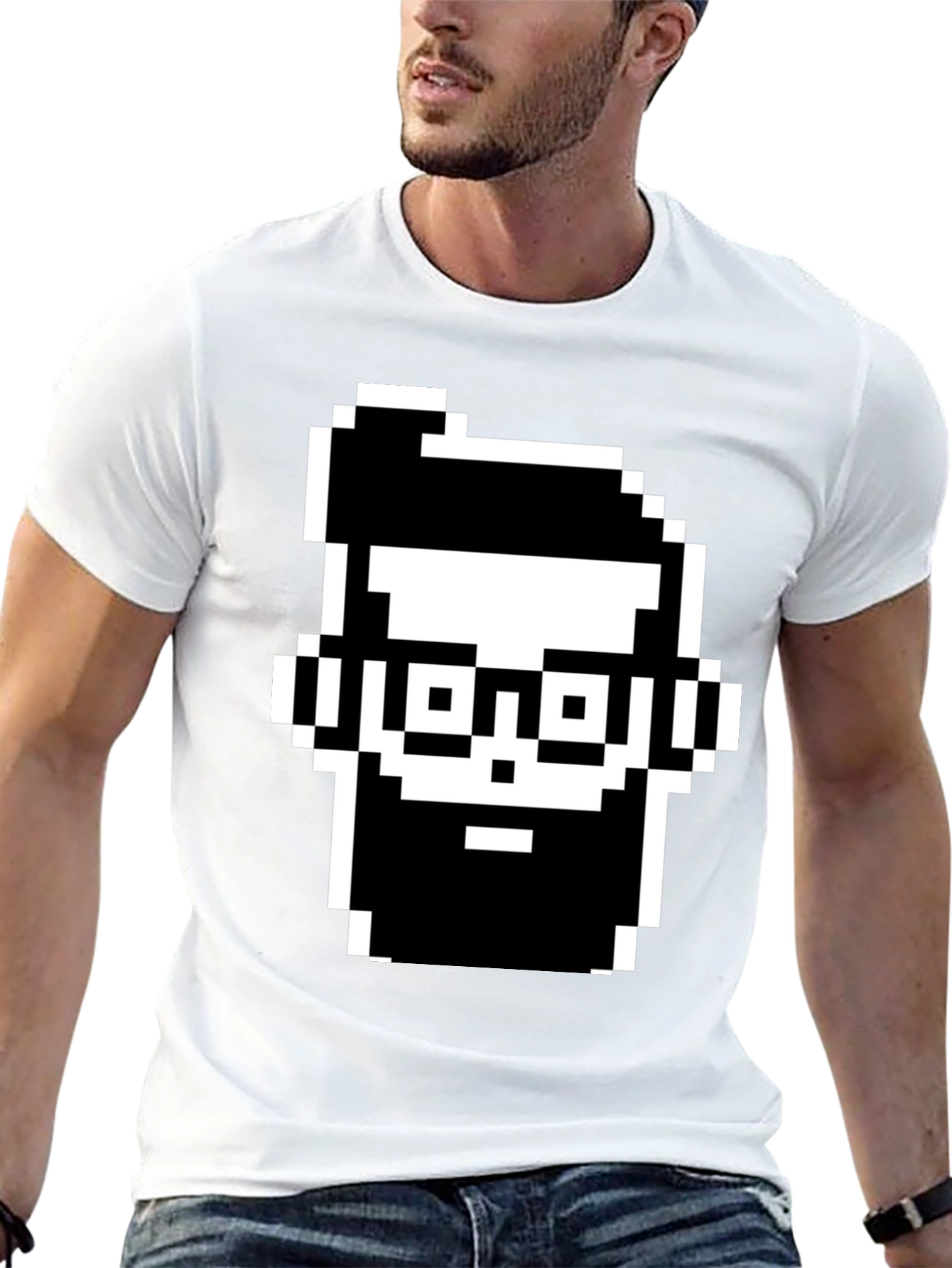 Pixel Art Bearded Man Black T-Shirt