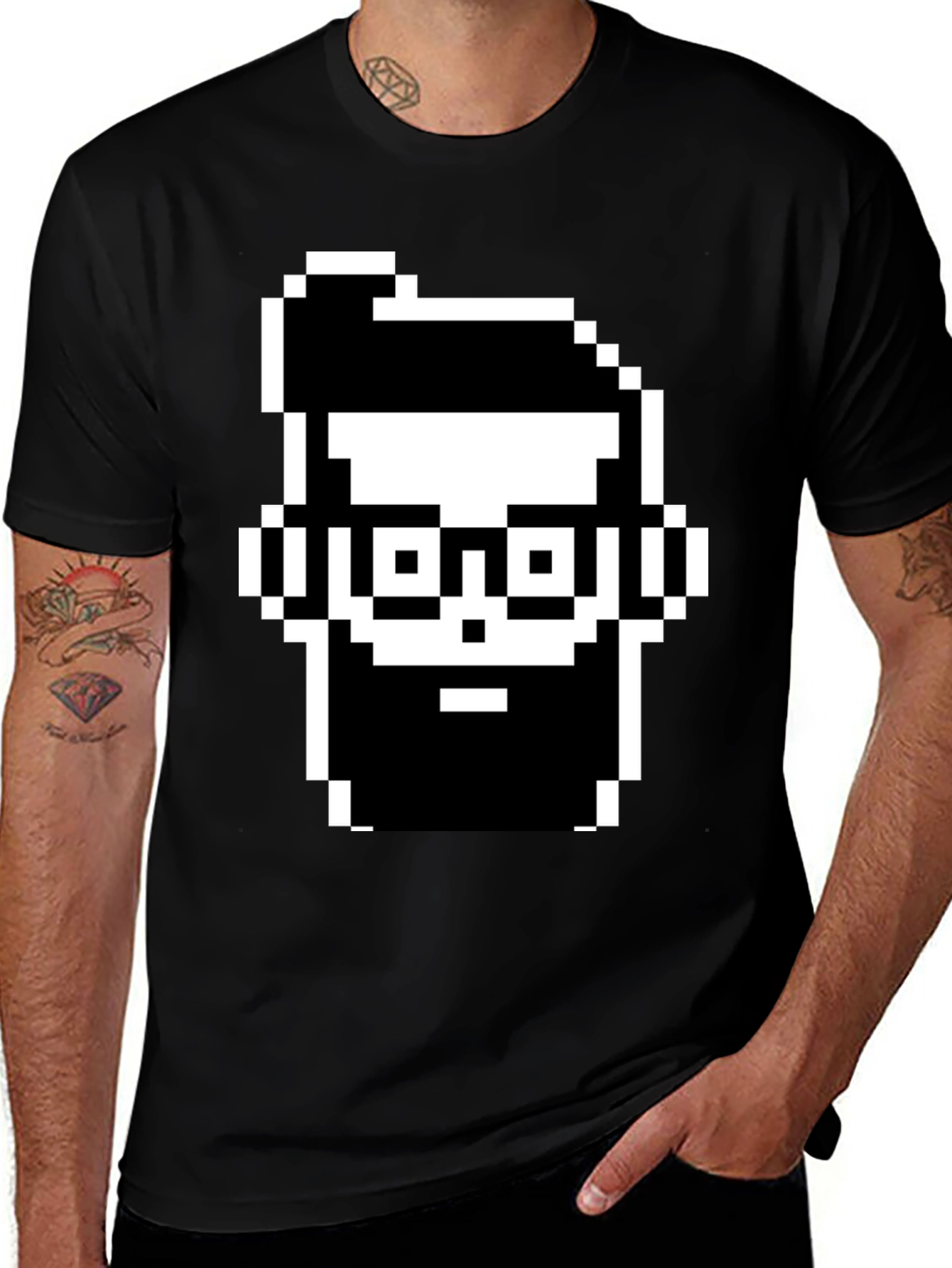 Pixel Art Bearded Man Black T-Shirt