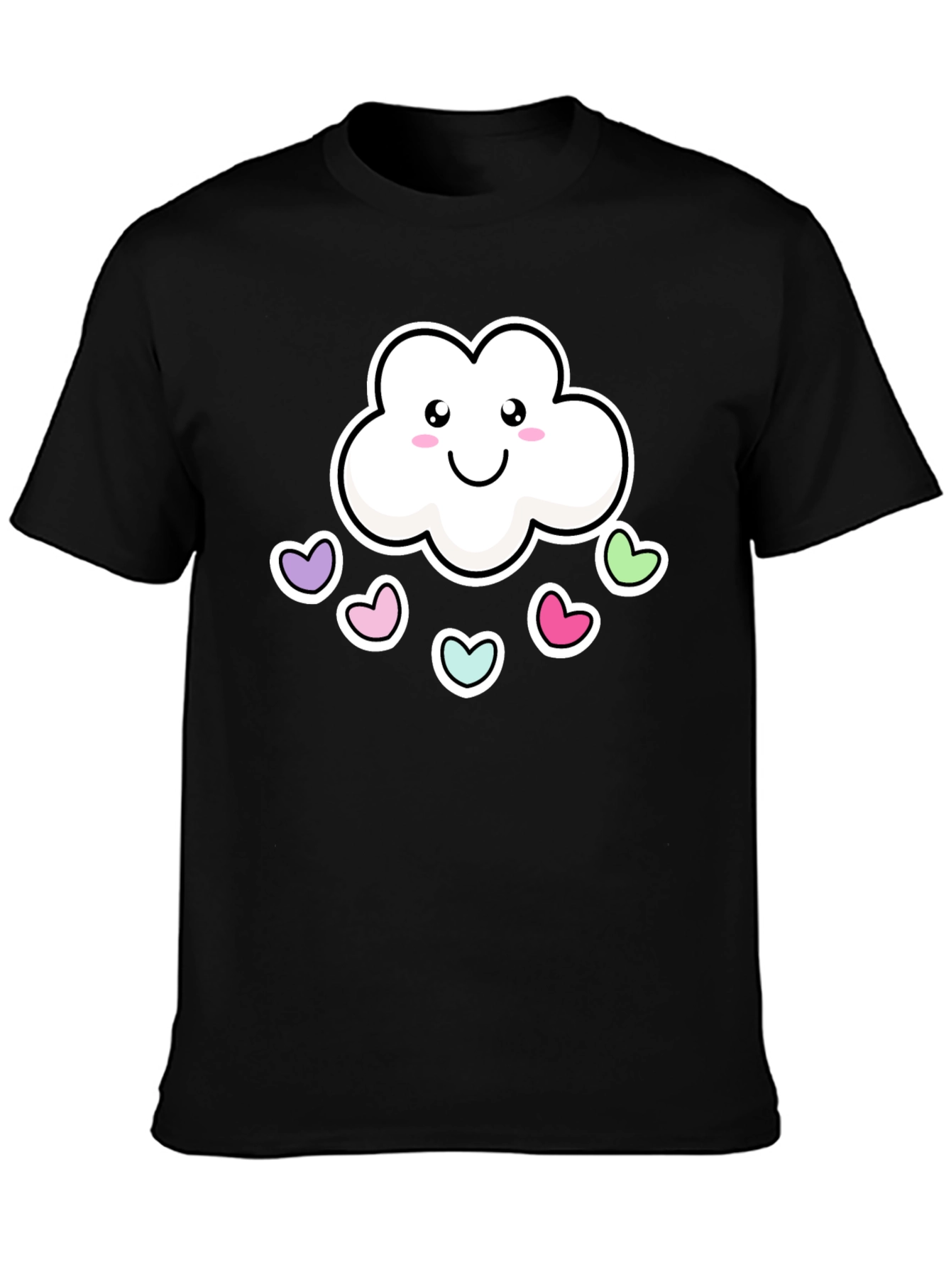 Cute Kawaii Cloud with Hearts Black T-Shirt