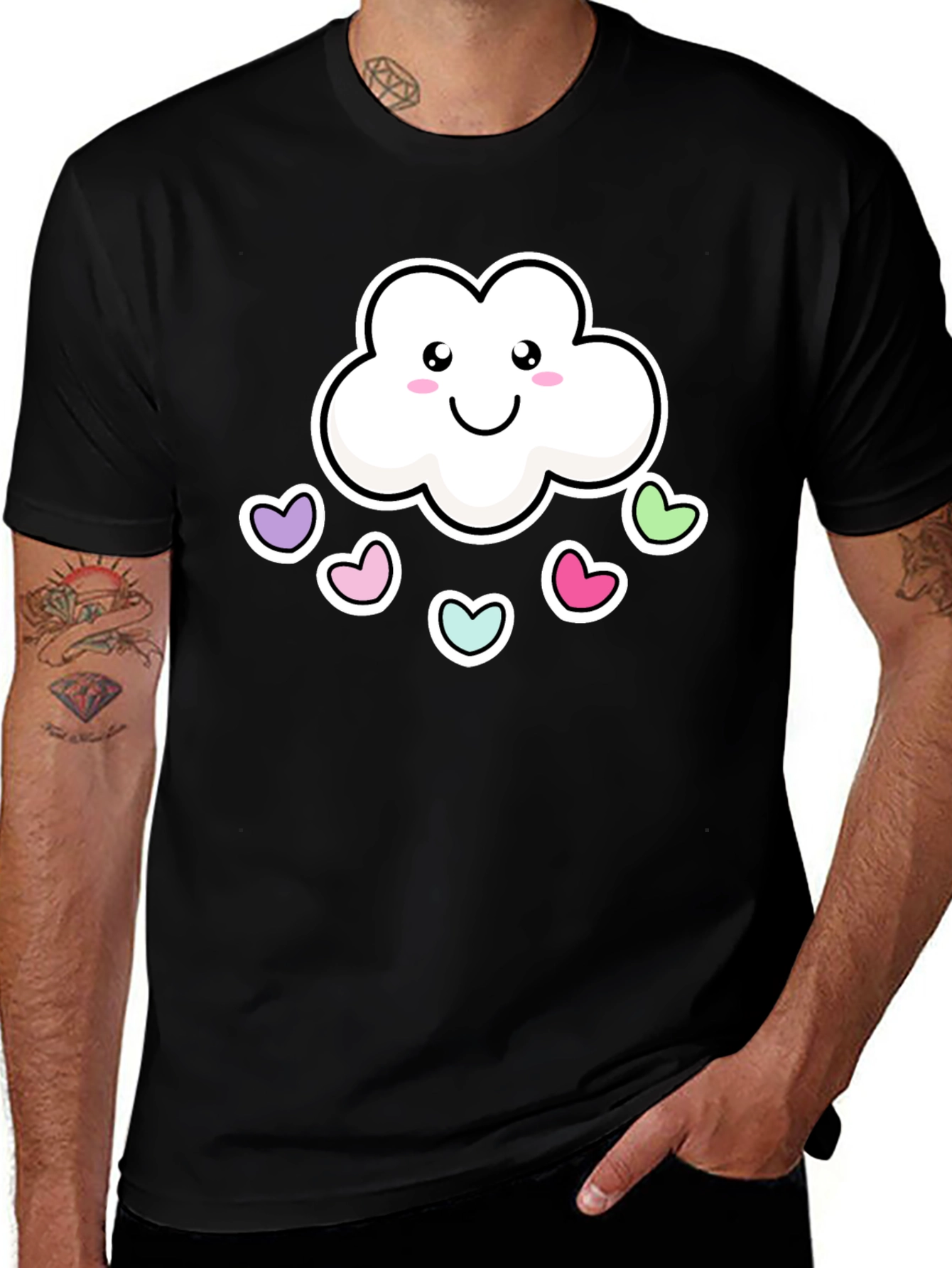 Cute Kawaii Cloud with Hearts Black T-Shirt