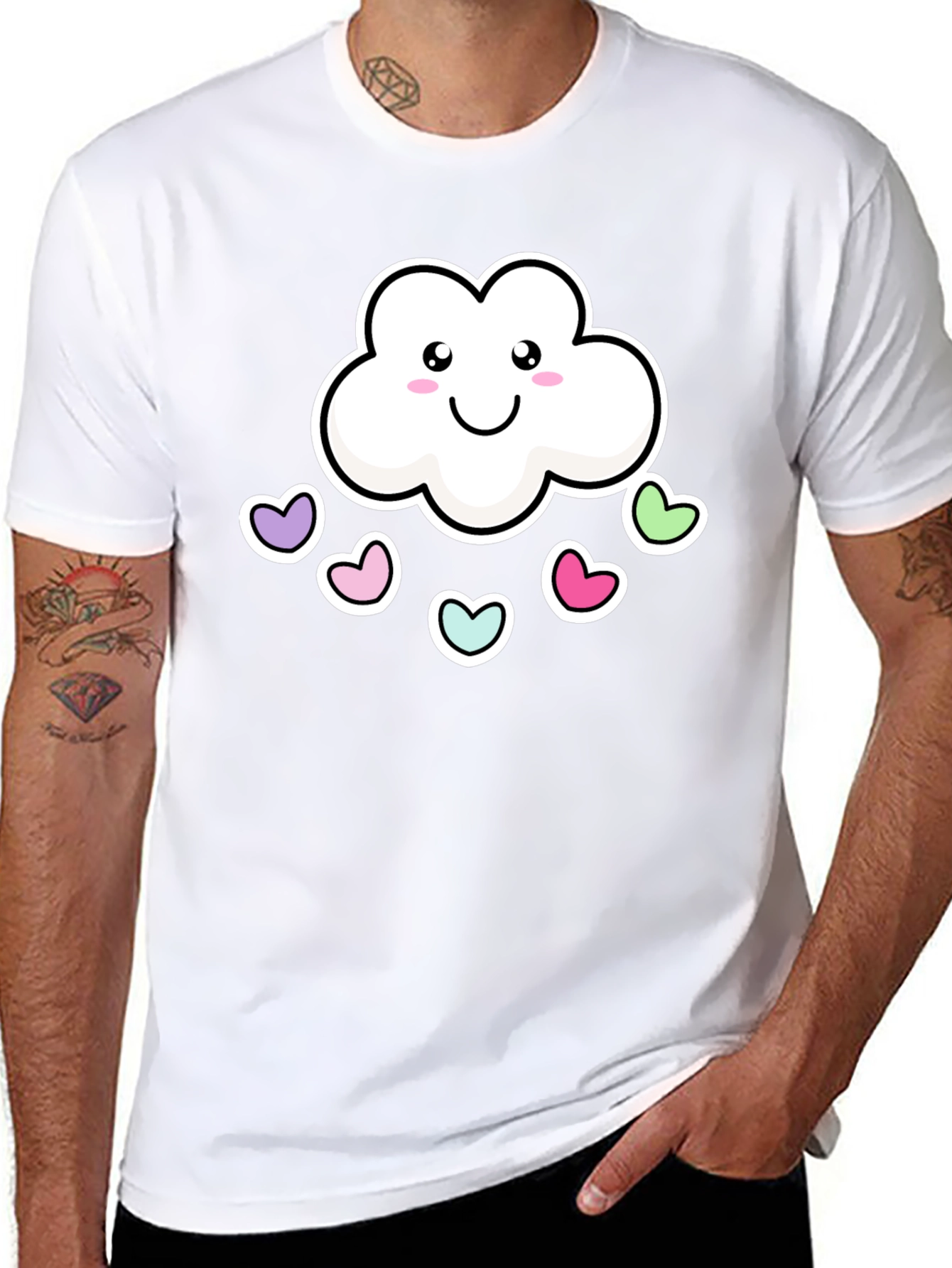 Cute Kawaii Cloud with Hearts Black T-Shirt