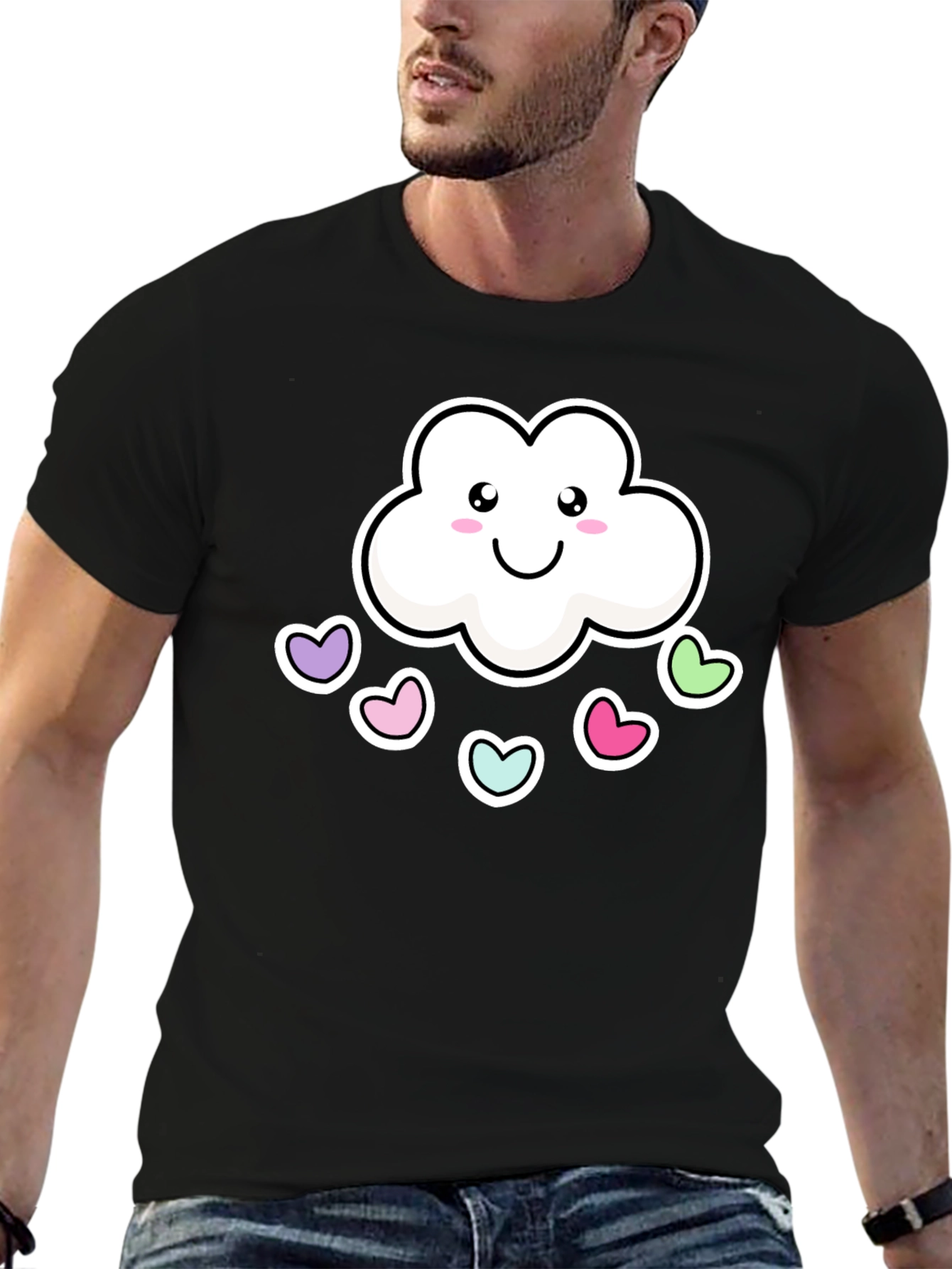 Cute Kawaii Cloud with Hearts Black T-Shirt