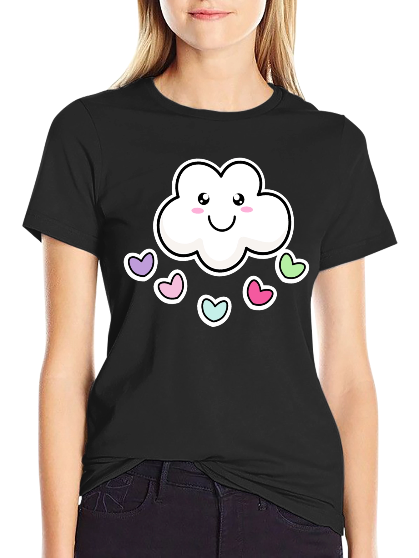 Cute Kawaii Cloud with Hearts Black T-Shirt