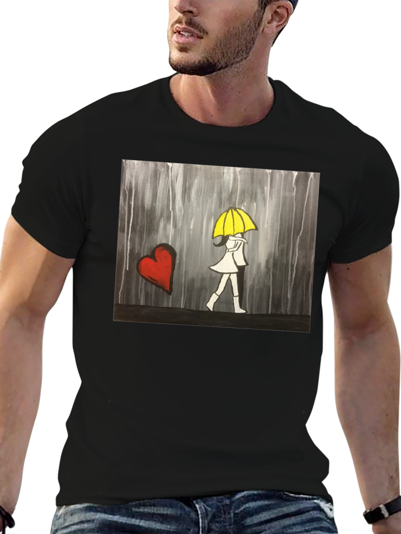Rainy Day Romance T-Shirt - Heart & Umbrella Design
