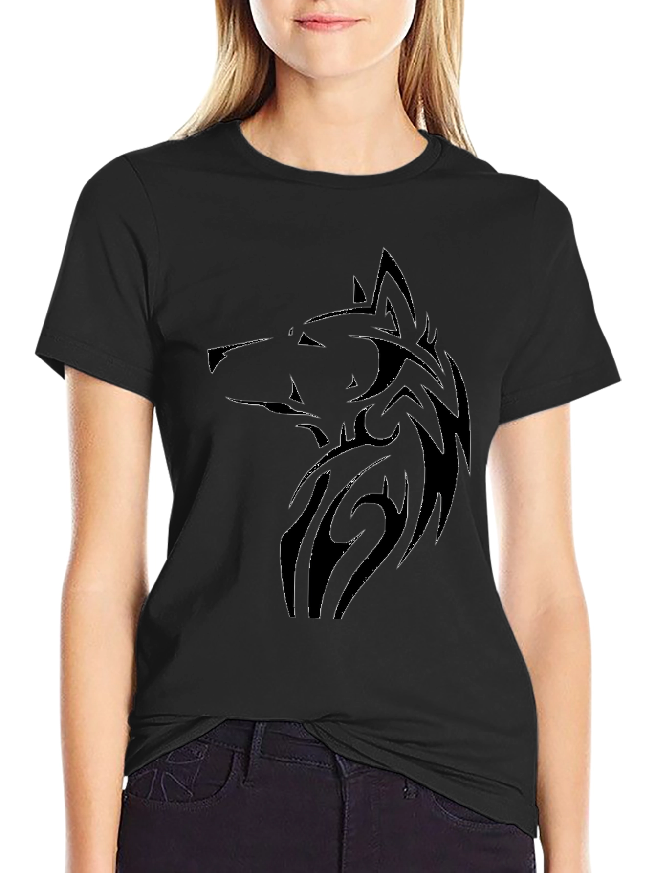 Mens Black Wolf Graphic Tee - Tribal Design