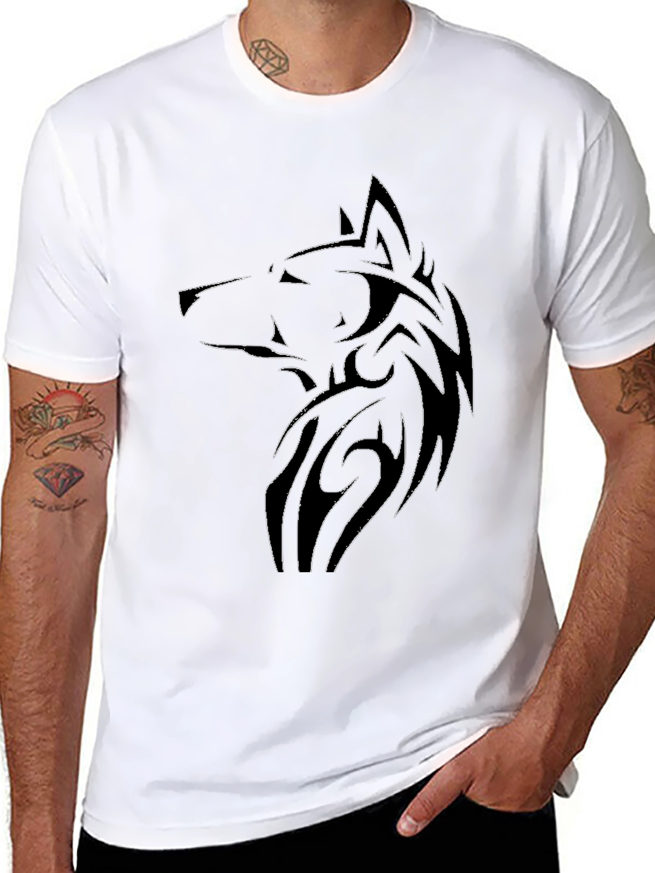 Mens Black Wolf Graphic Tee - Tribal Design