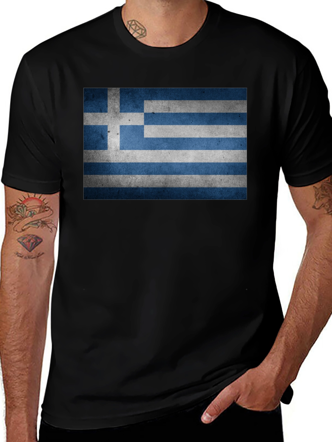 Greek Flag T-Shirt - Black Cotton Blend Tee