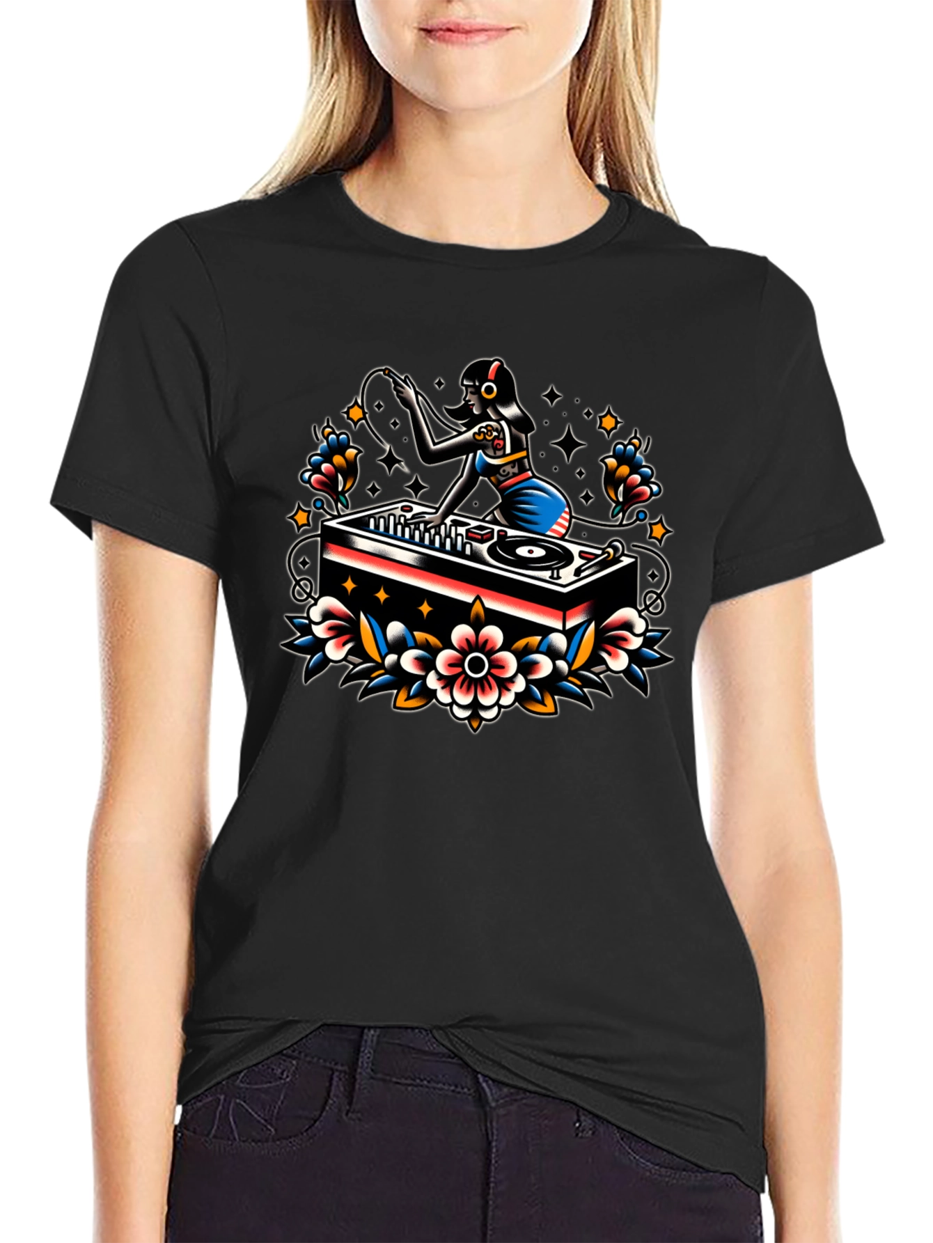 DJ Girl Tattoo Style Graphic Tee