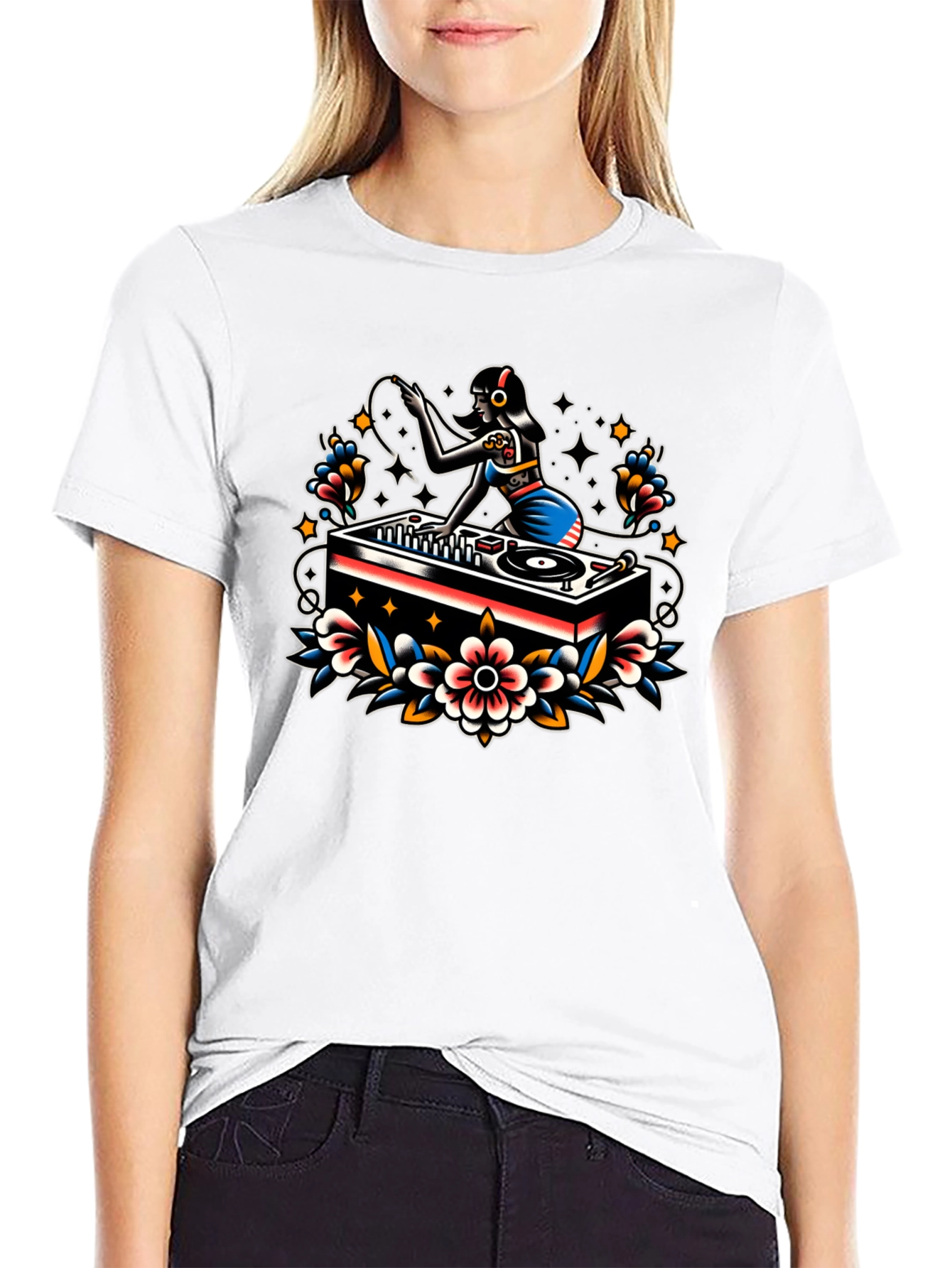 DJ Girl Tattoo Style Graphic Tee