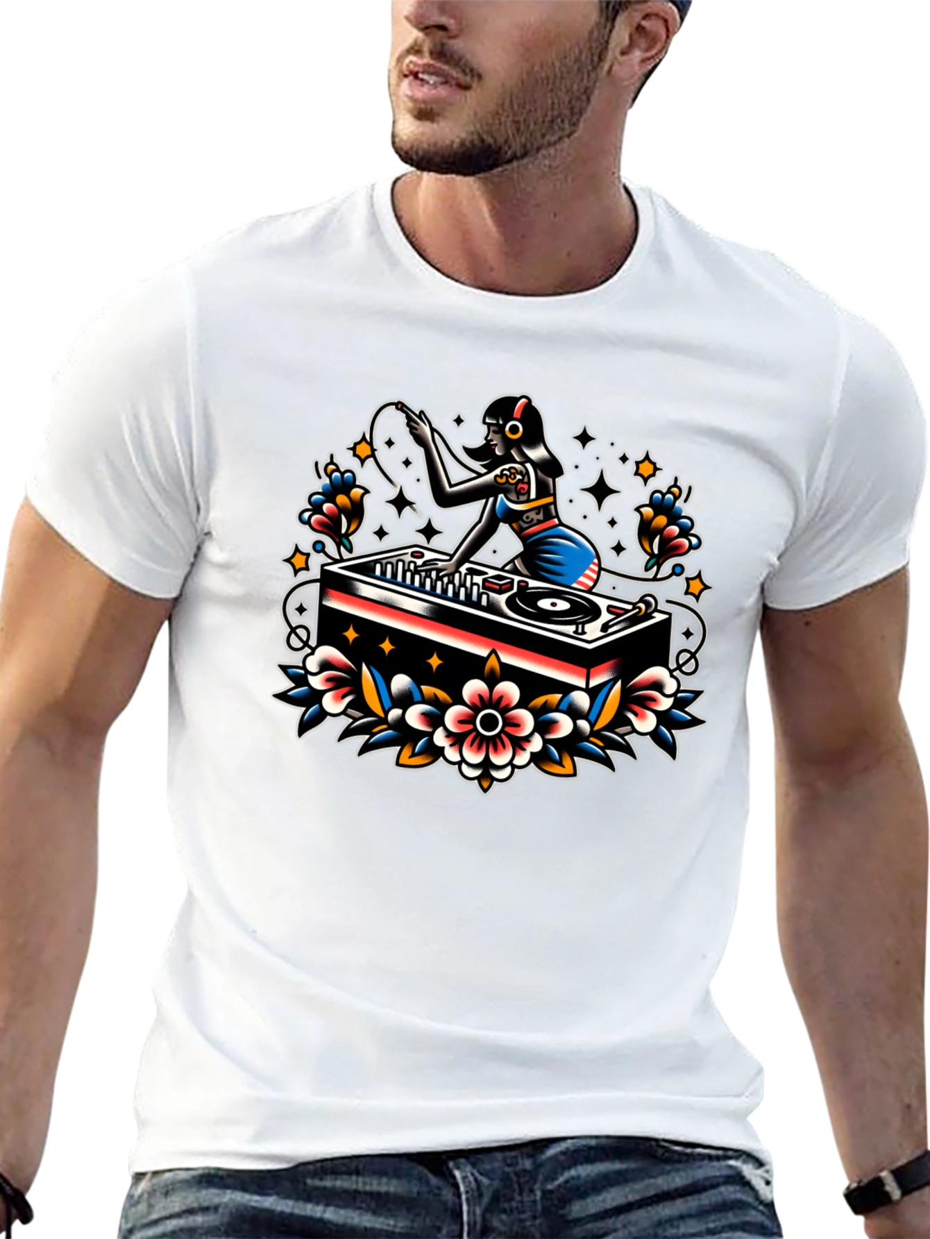 DJ Girl Tattoo Style Graphic Tee