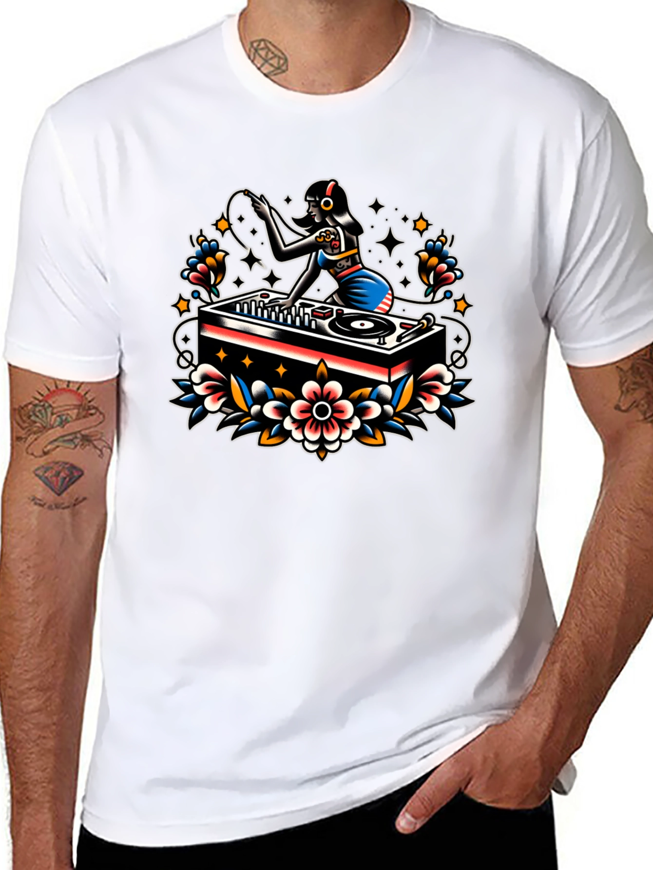 DJ Girl Tattoo Style Graphic Tee