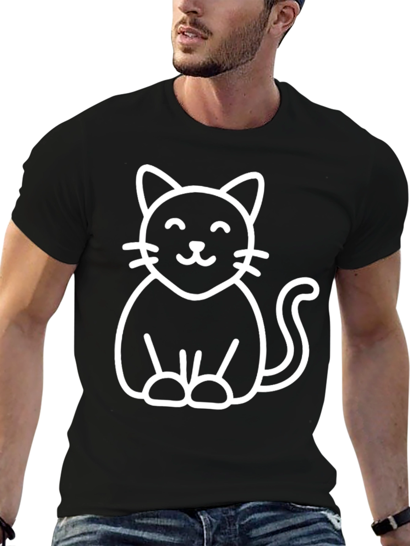 Cute Cat Graphic Tee - Black Cotton Blend